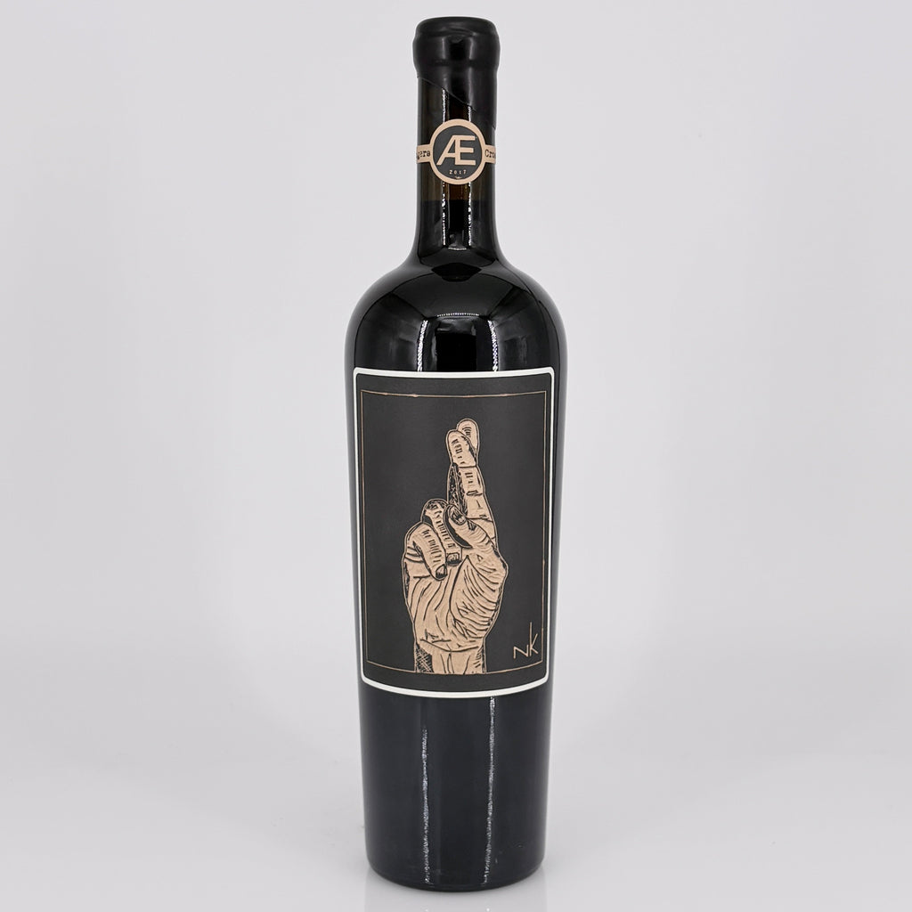 Wine bottle with a unique label on a gray background