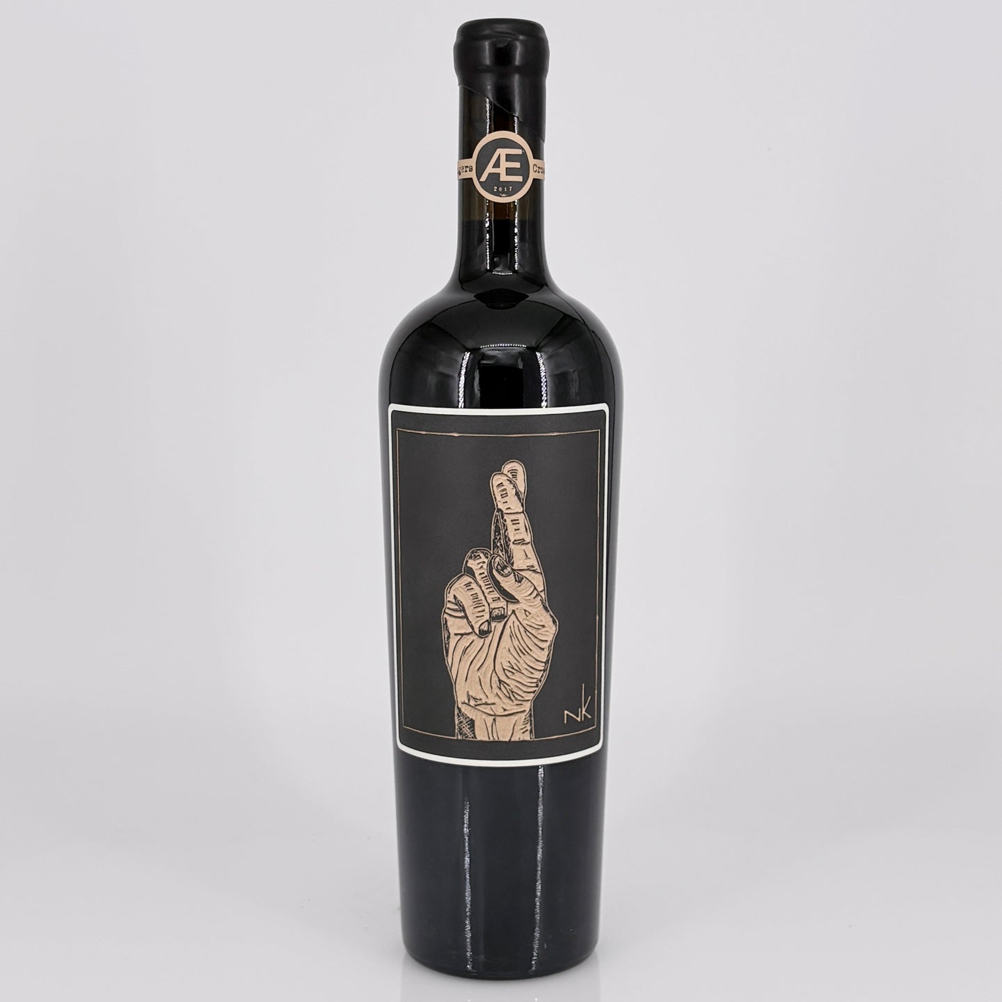 Wine bottle with a unique label on a gray background