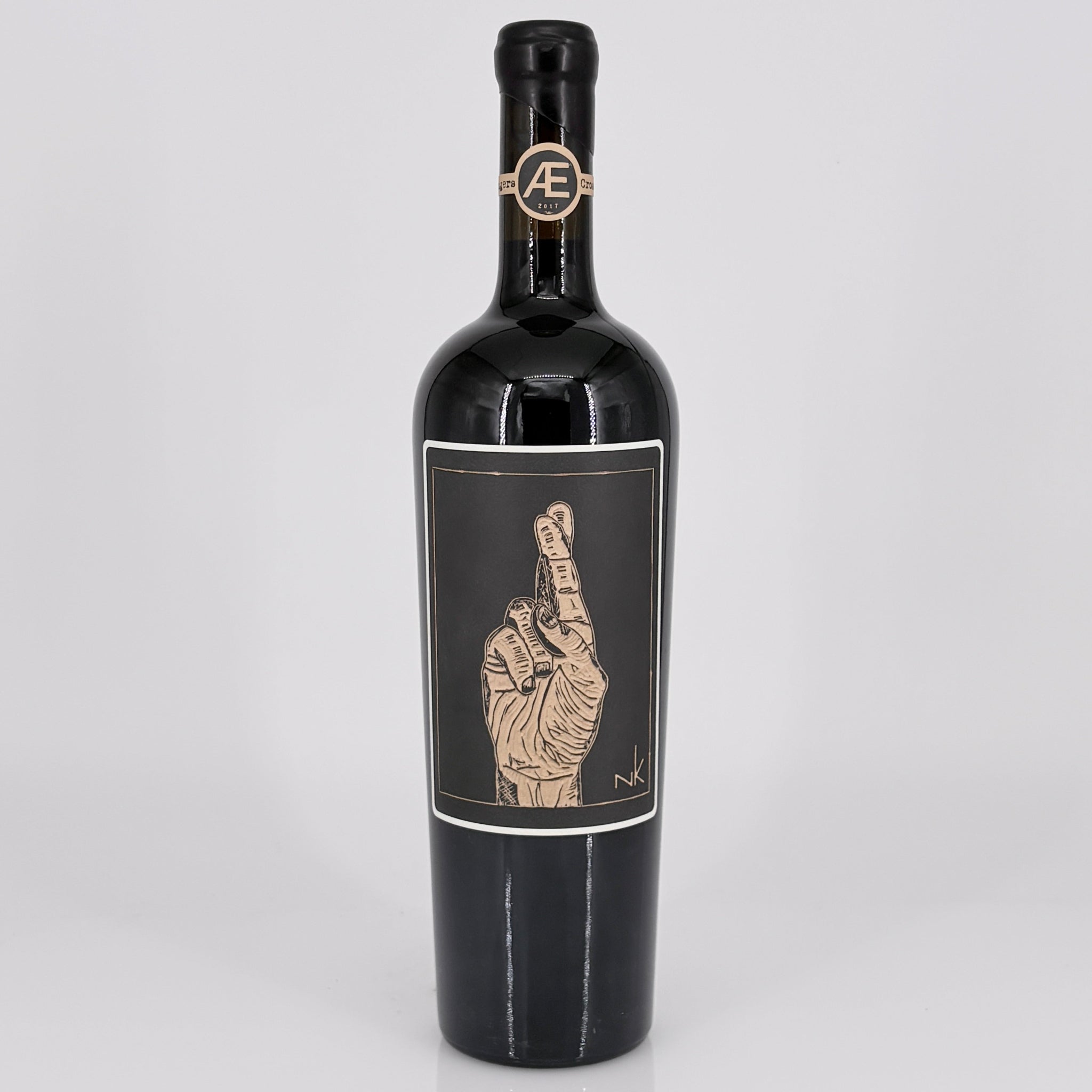 Wine bottle with a unique label on a gray background