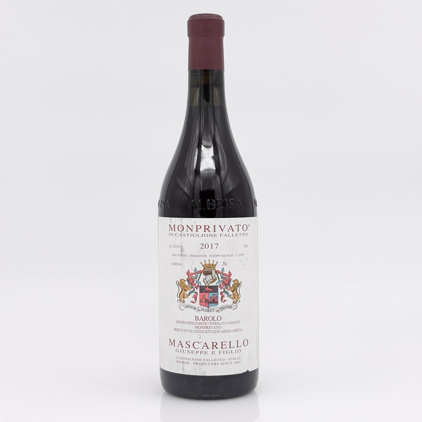 Wine bottle with a visible label on a white background