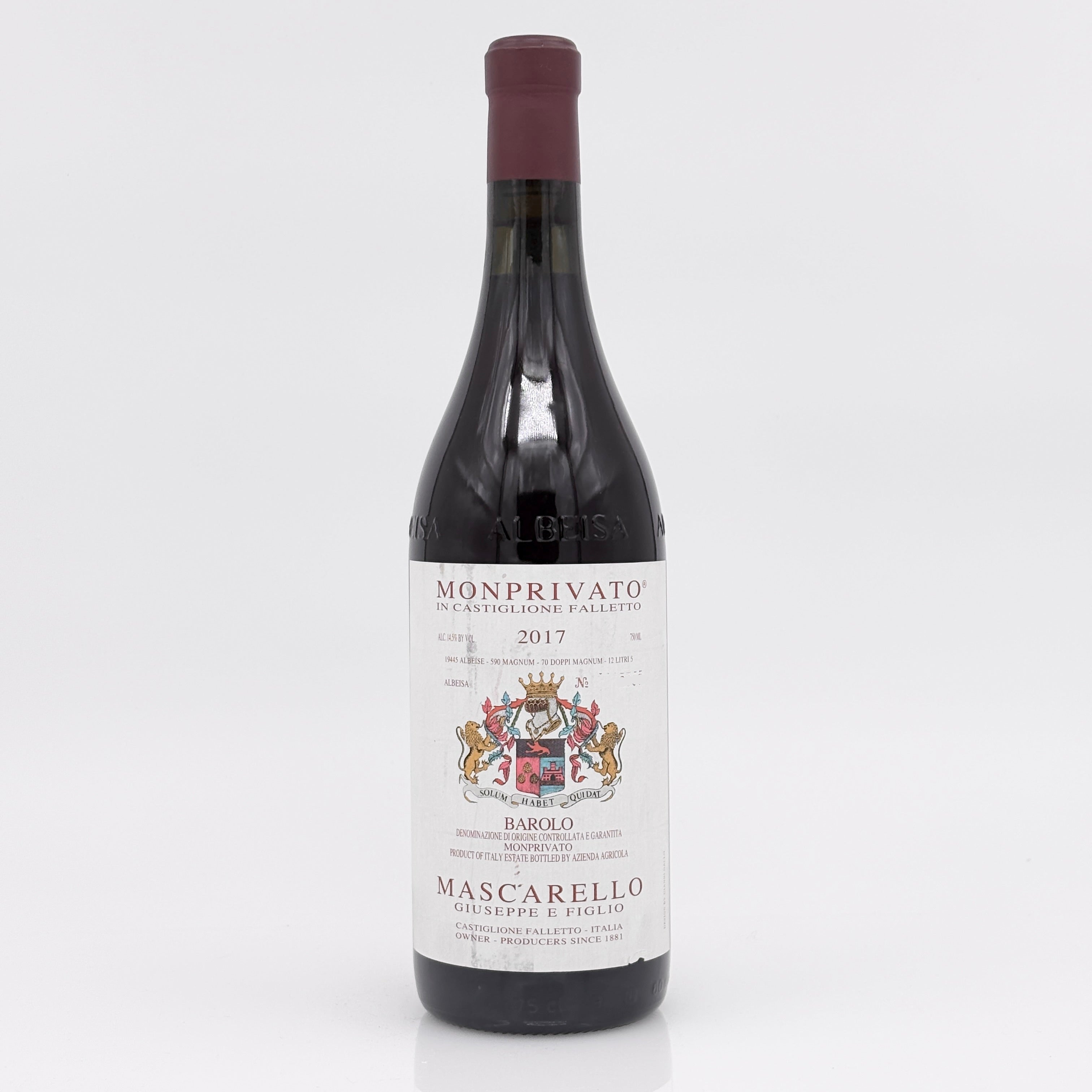 Wine bottle with a visible label on a white background
