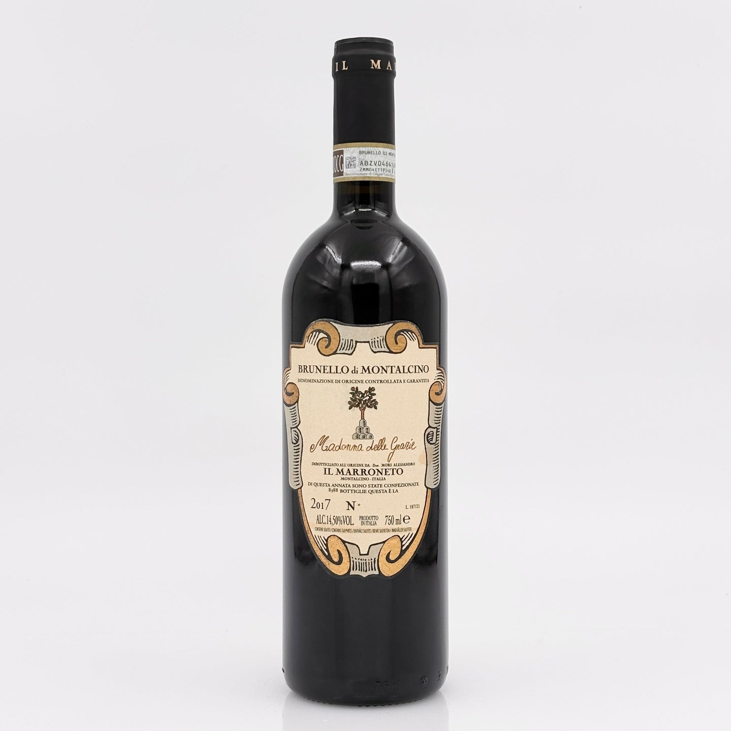 Wine bottle with a detailed label on a white background