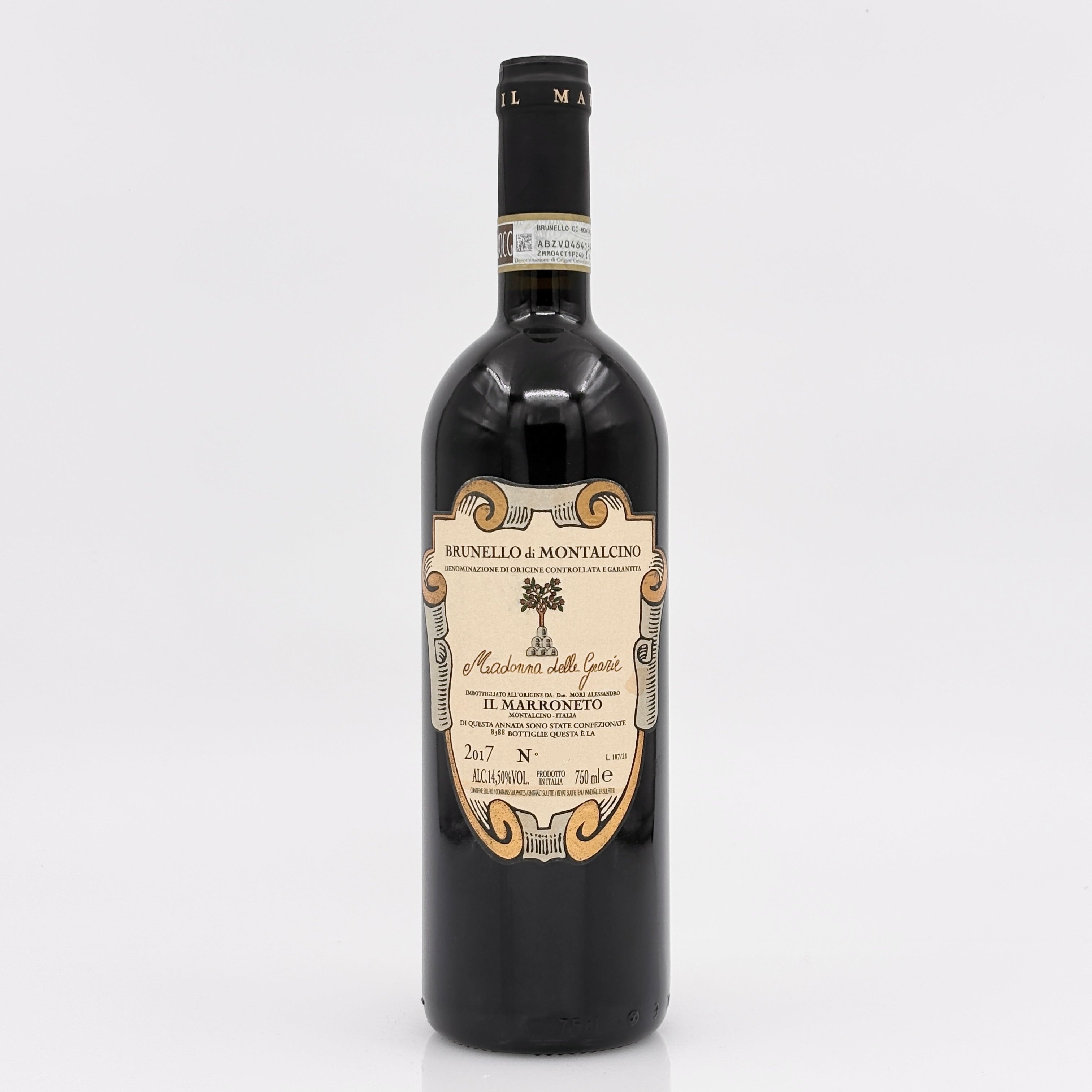Wine bottle with a detailed label on a white background
