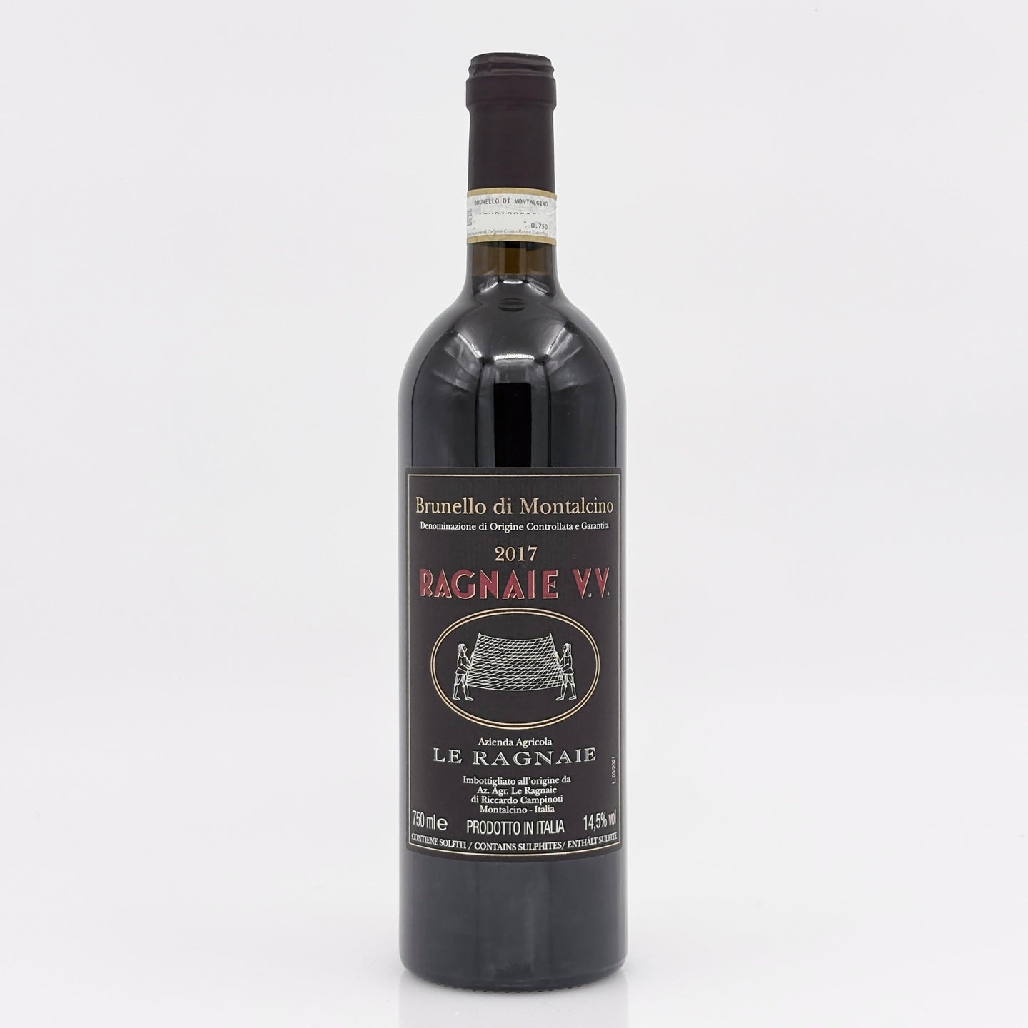 Red wine bottle with label on a white background