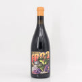 Bottle of wine with a colorful label featuring a frog illustration on a white background