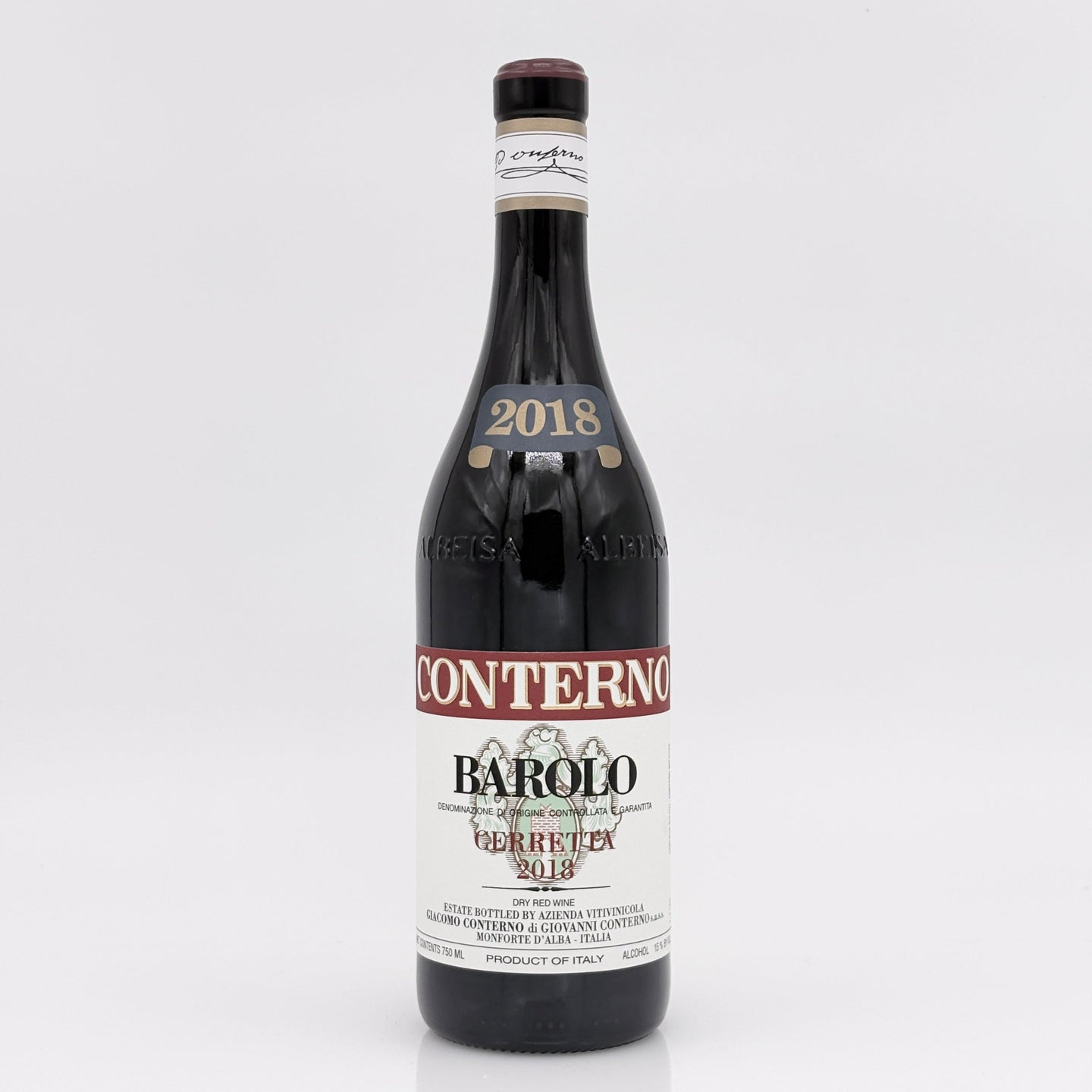 Wine bottle with 'Conterno Barolo' label on a white background