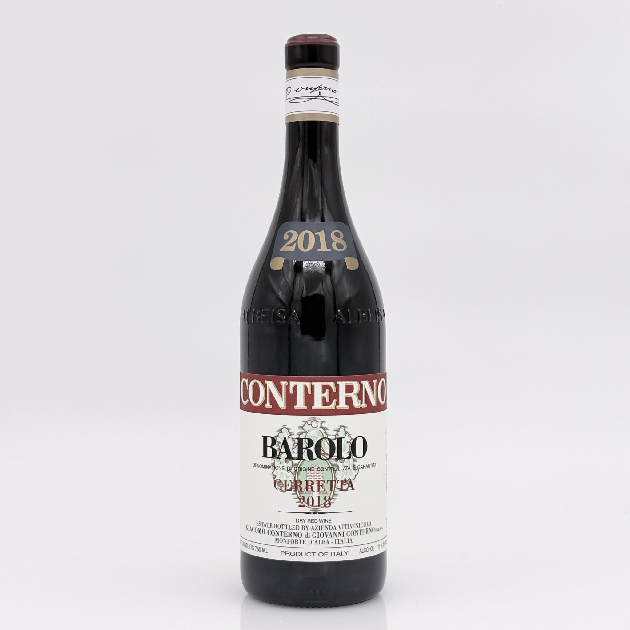Wine bottle with 'Conterno Barolo' label on a white background