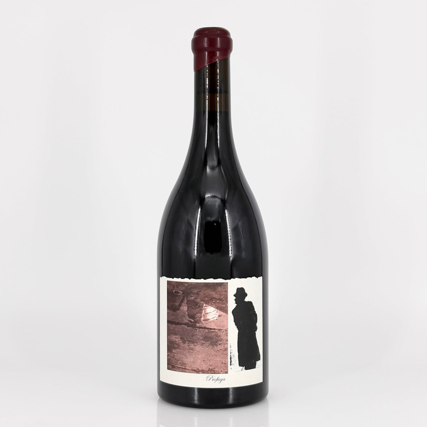 Wine bottle with a label featuring a silhouette on a white background