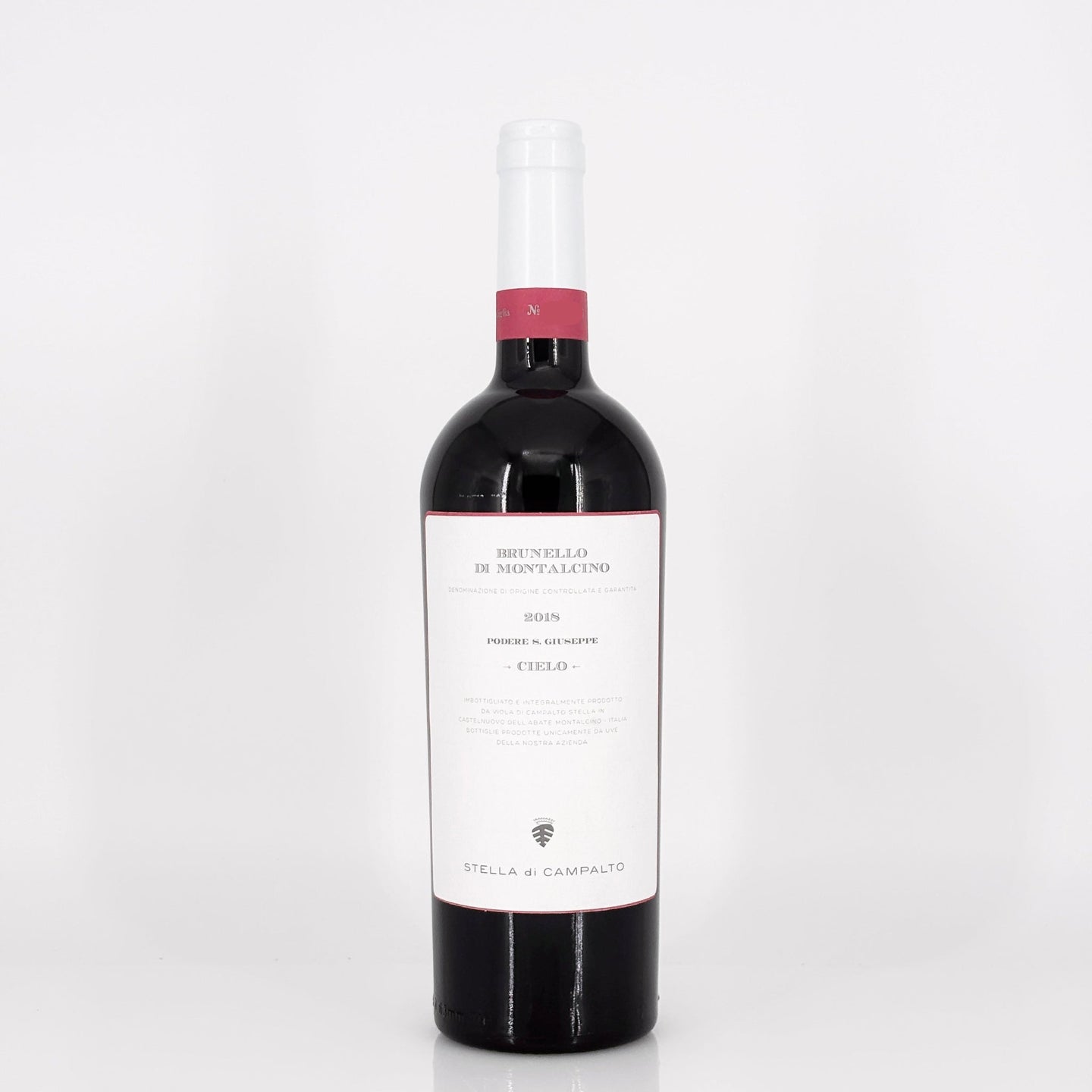Red wine bottle with a white label on a light gray background