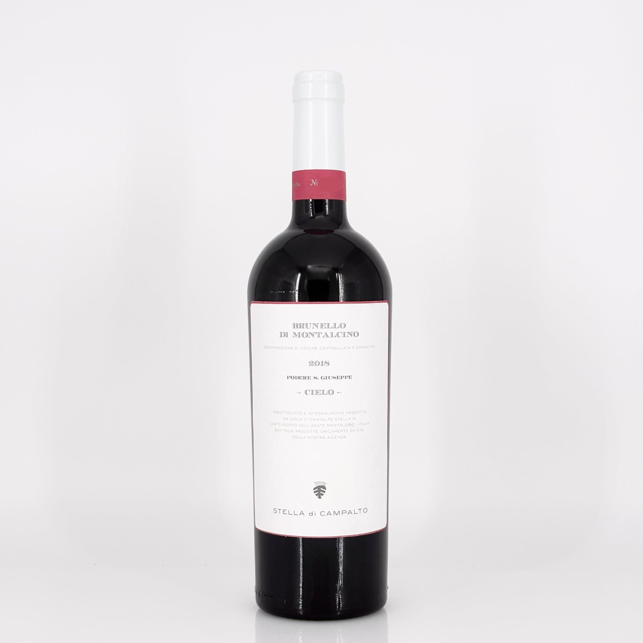 Red wine bottle with a white label on a light gray background