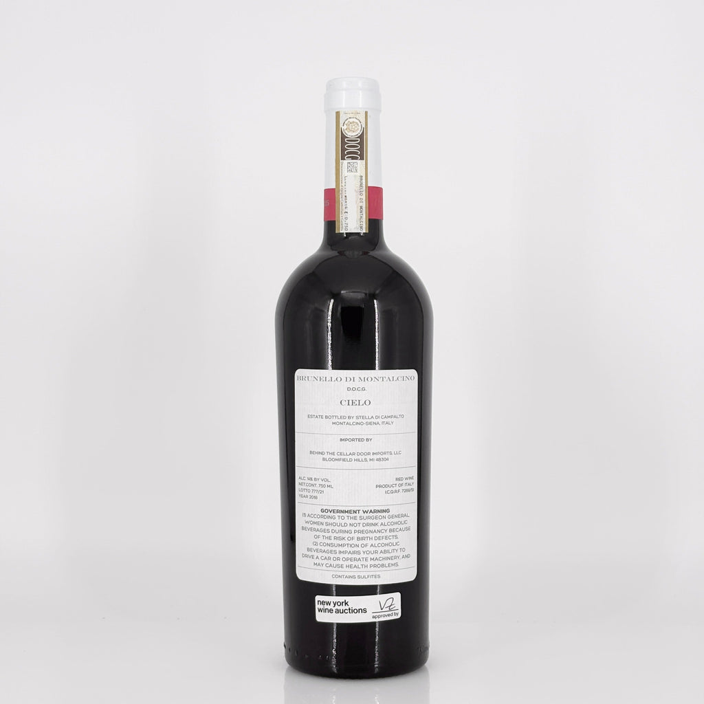 Bottle of red wine with a label on a white background