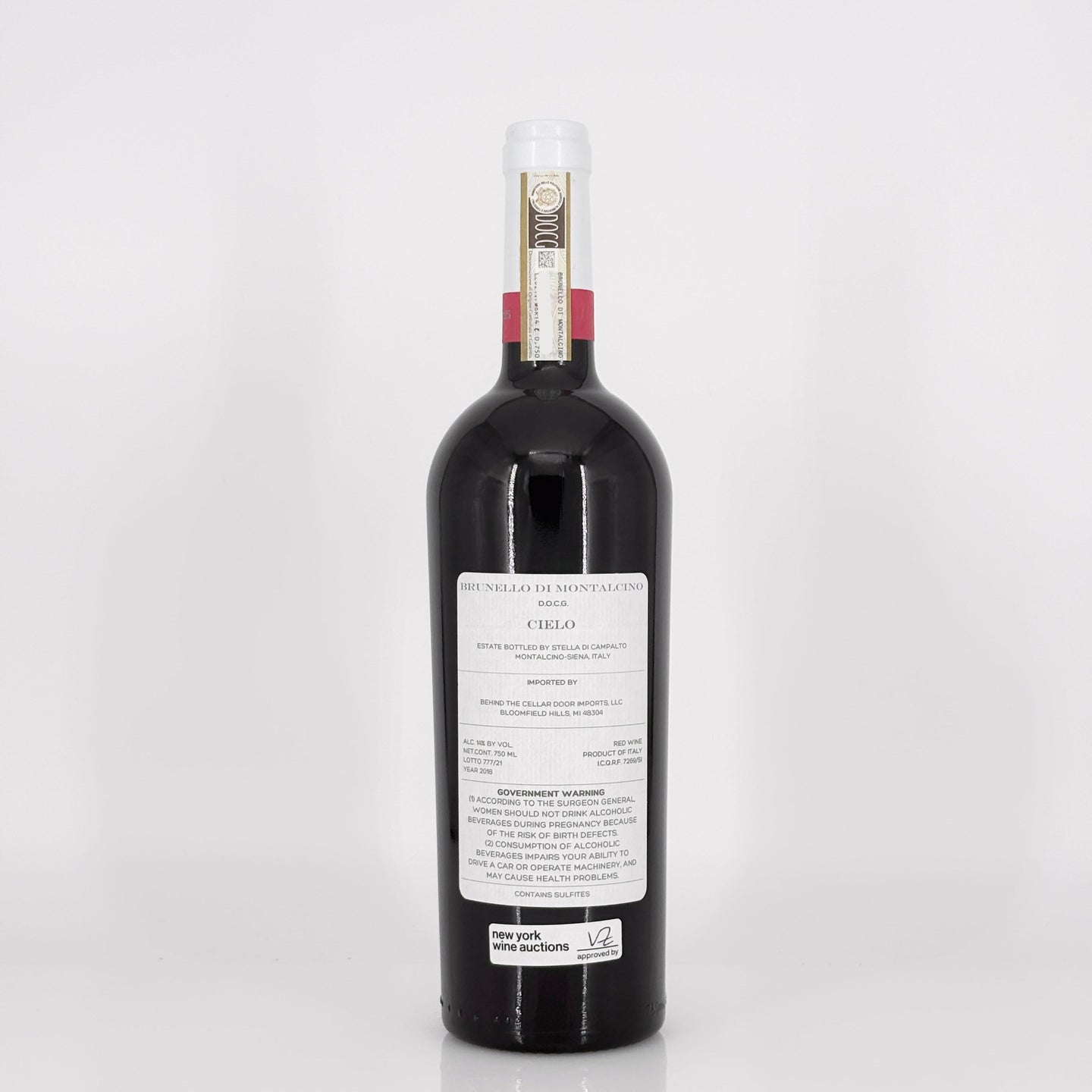 Bottle of red wine with a label on a white background