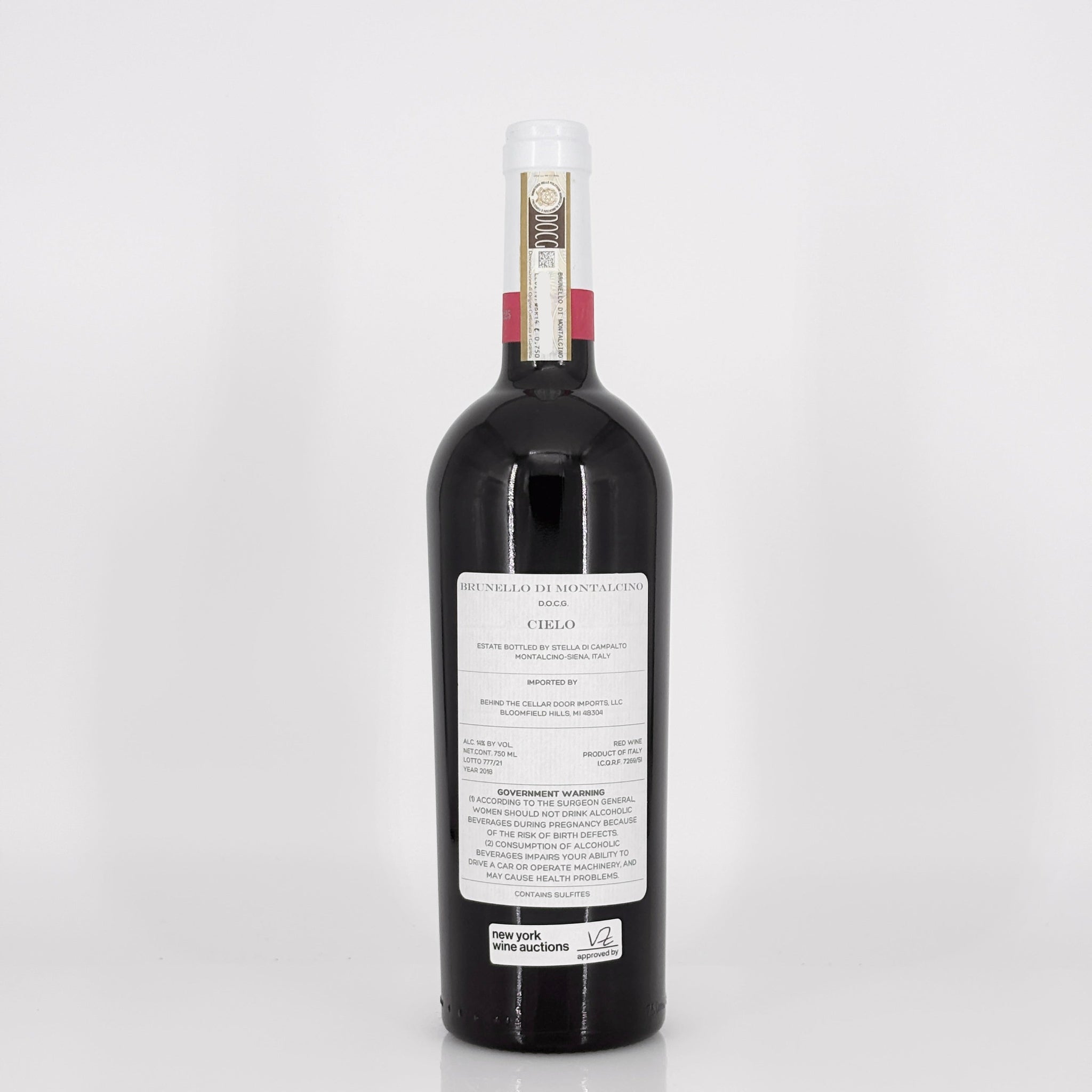 Bottle of red wine with a label on a white background