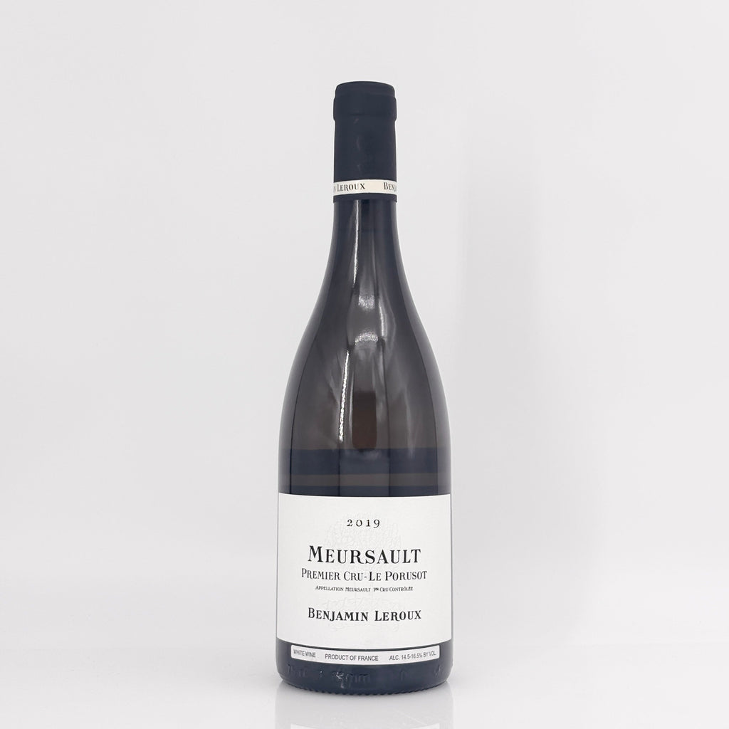 Wine bottle labeled 'Meursault' by Benjamin Leroux on a white background