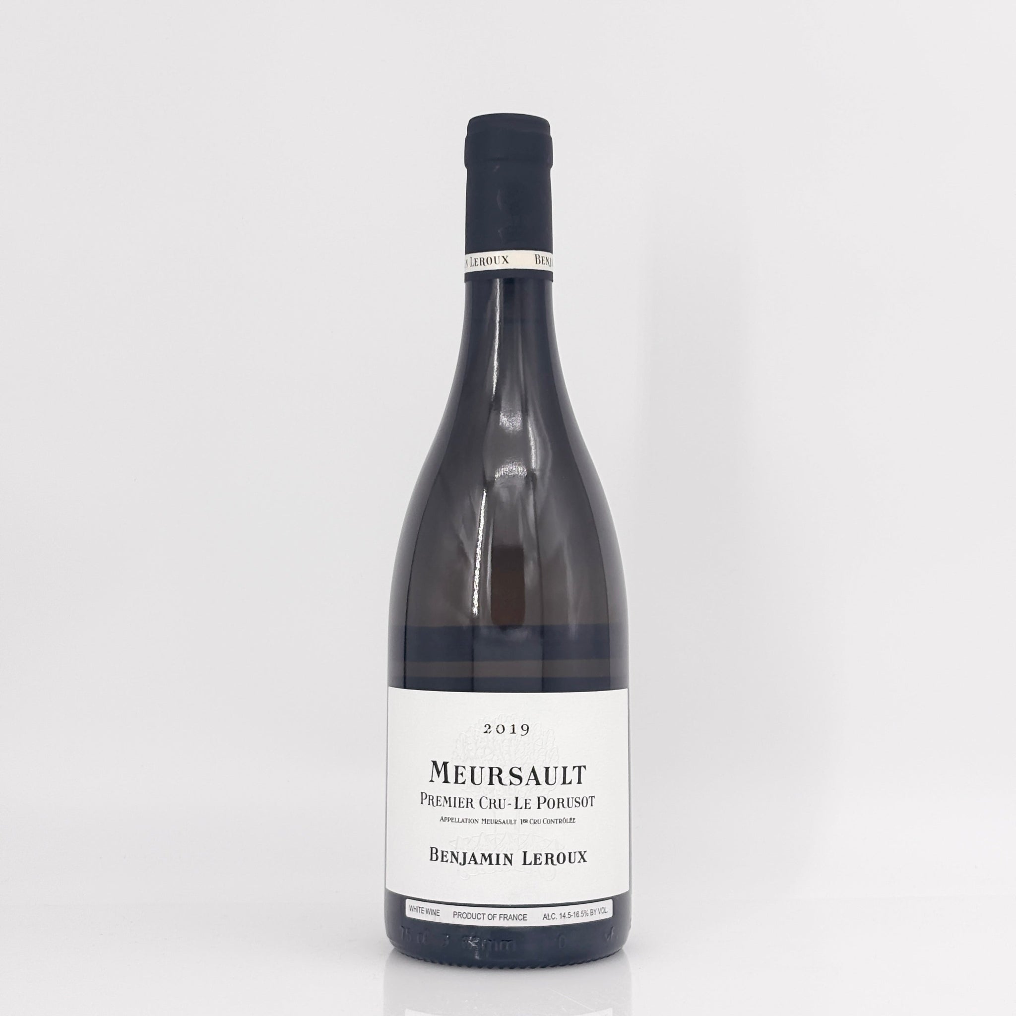Wine bottle labeled 'Meursault' by Benjamin Leroux on a white background
