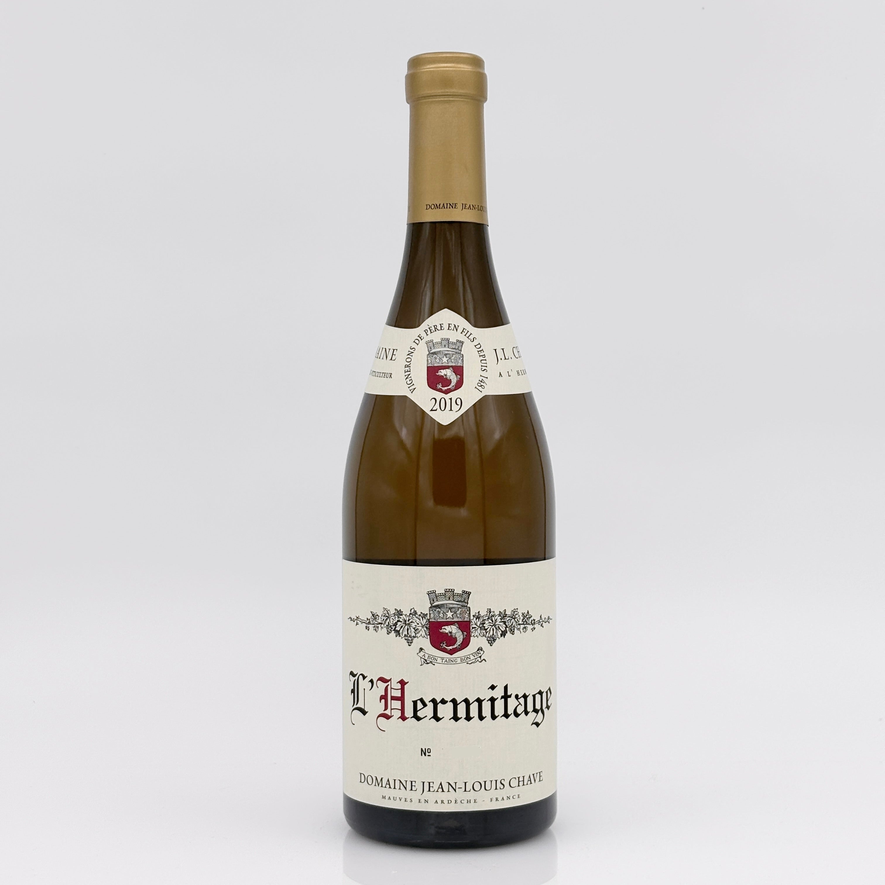 Bottle of L'Hermitage wine with a visible label on a white background