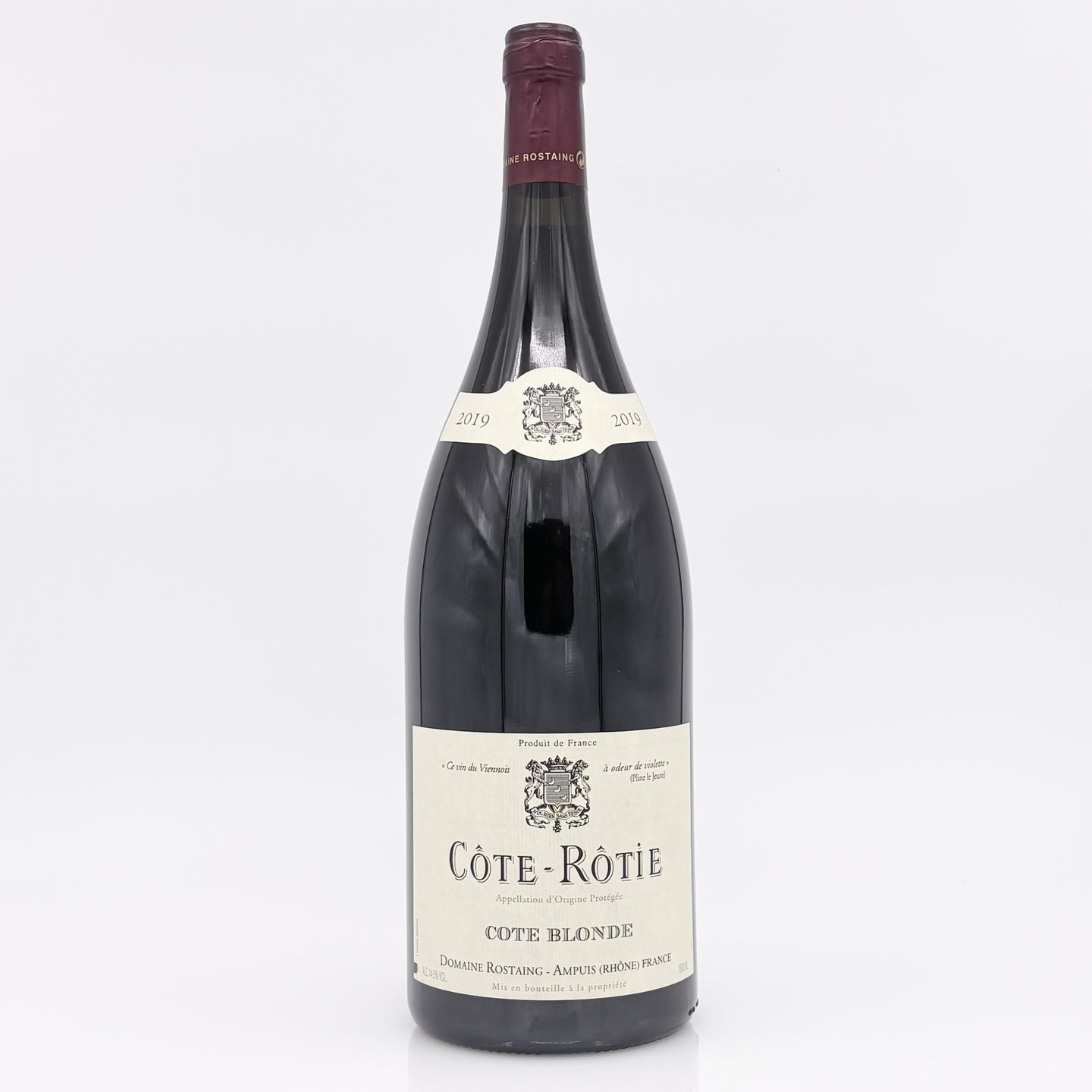 Bottle of Côte-Rotie wine on a white background
