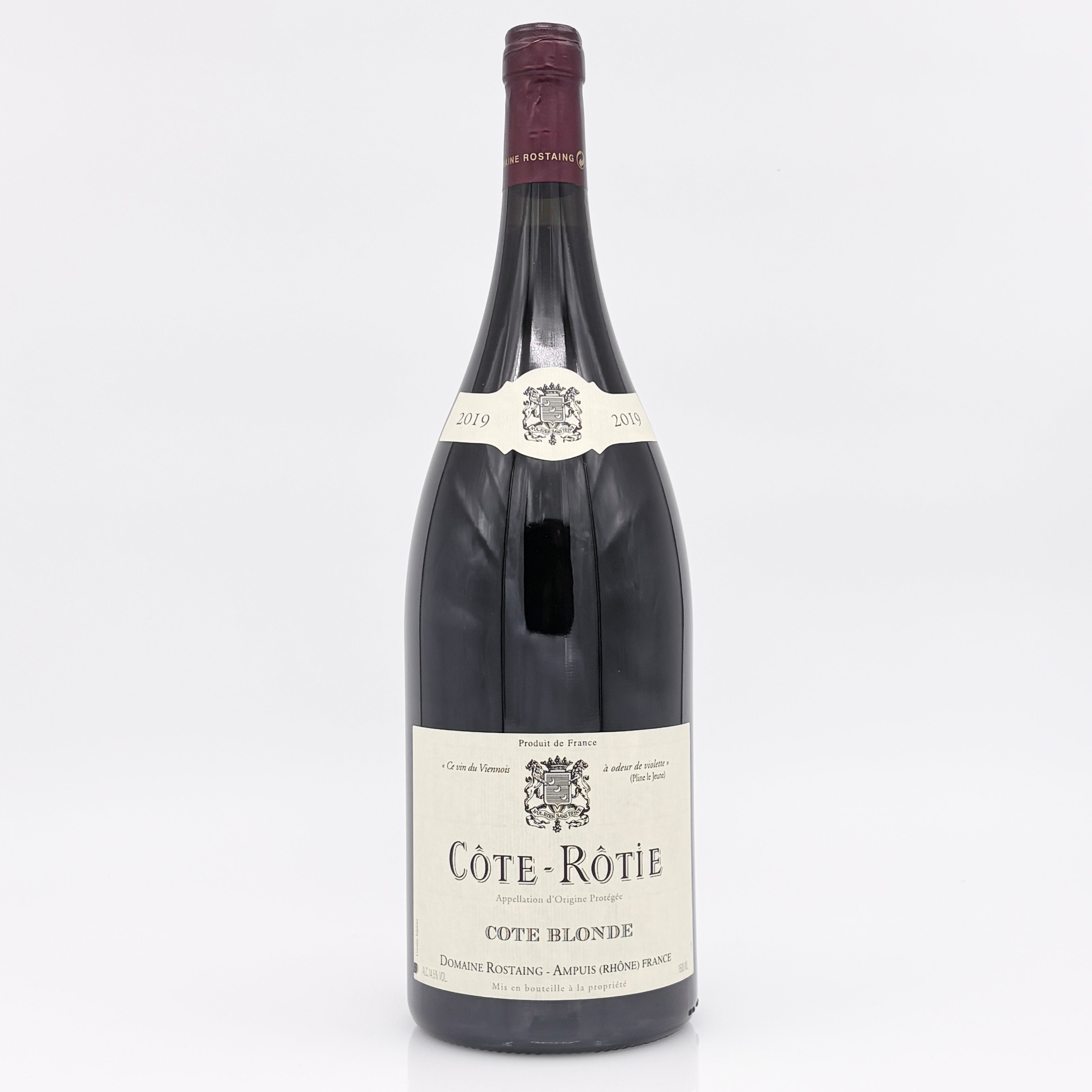 Bottle of Côte-Rotie wine on a white background