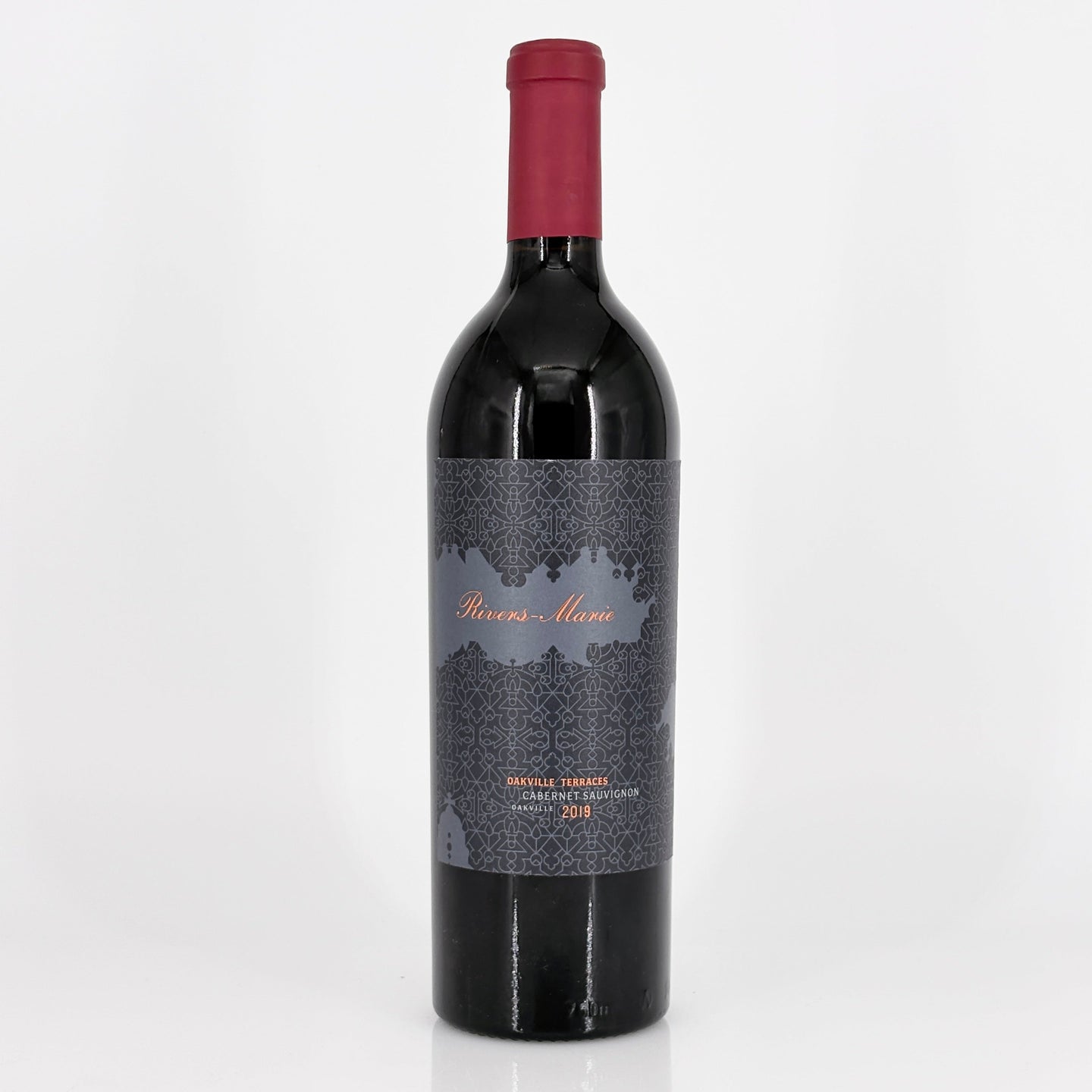 Red wine bottle with a gray label on a white background