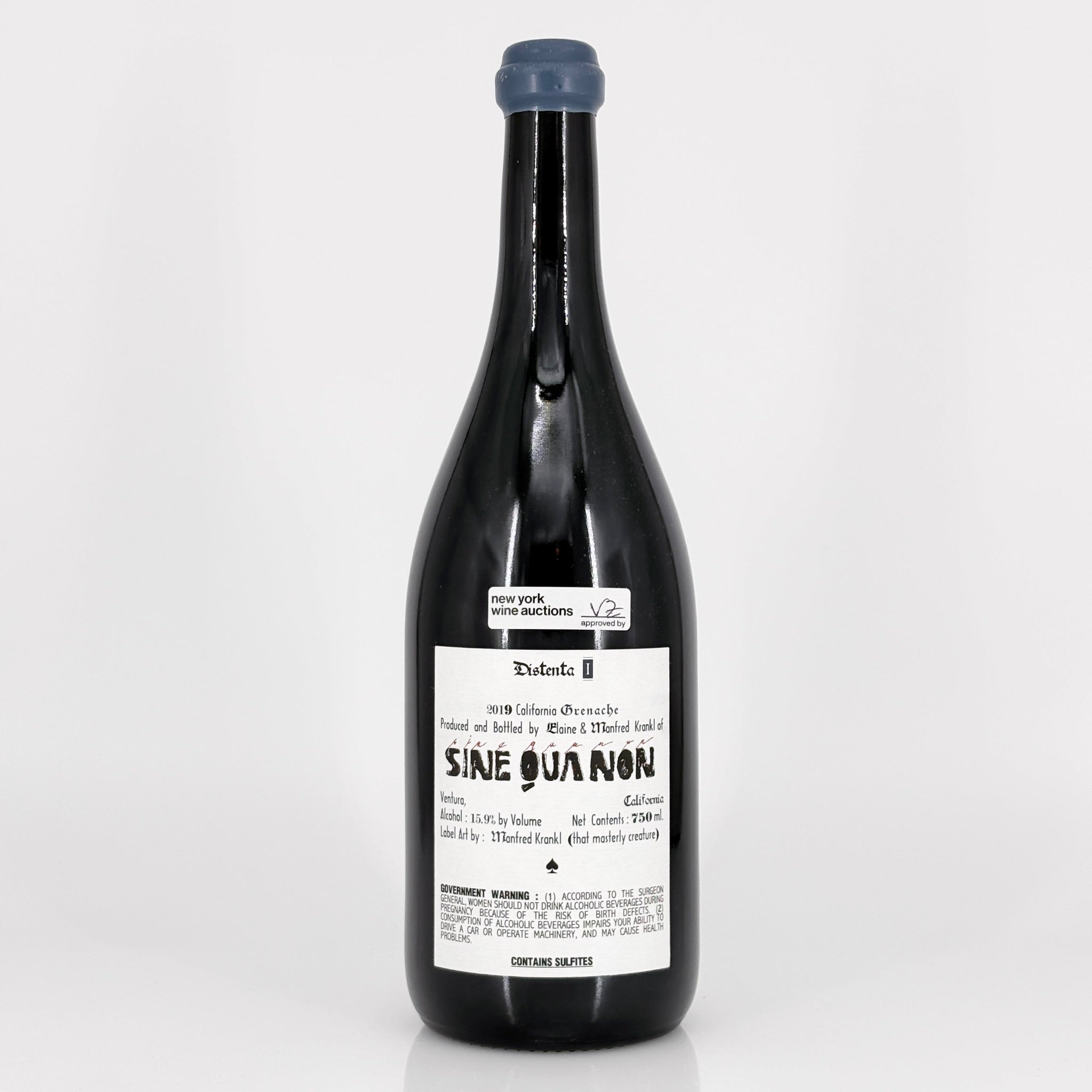 Bottle of Sine Qua Non wine on a white background