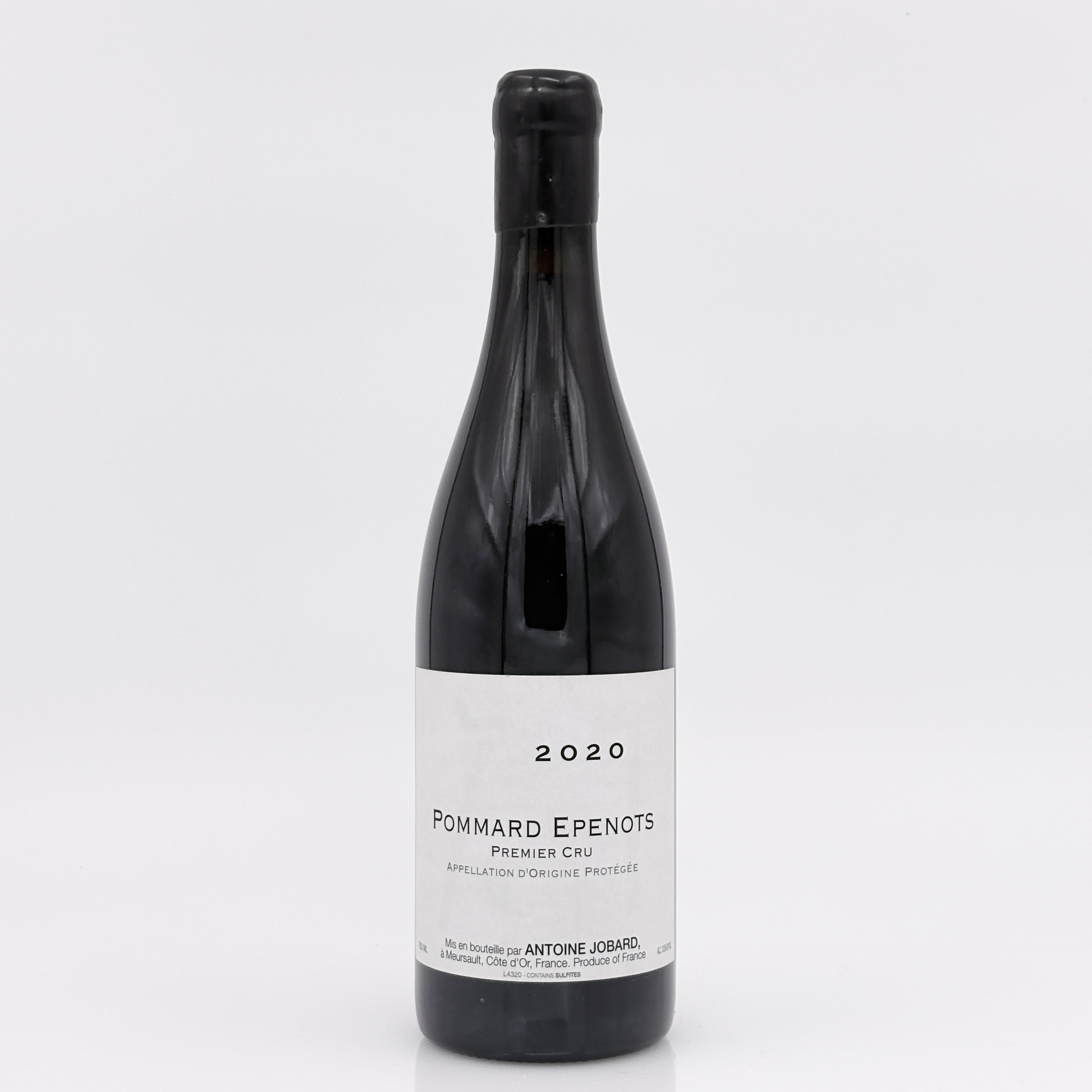 Wine bottle labeled 'Pommard Epenots 2020' on a white background