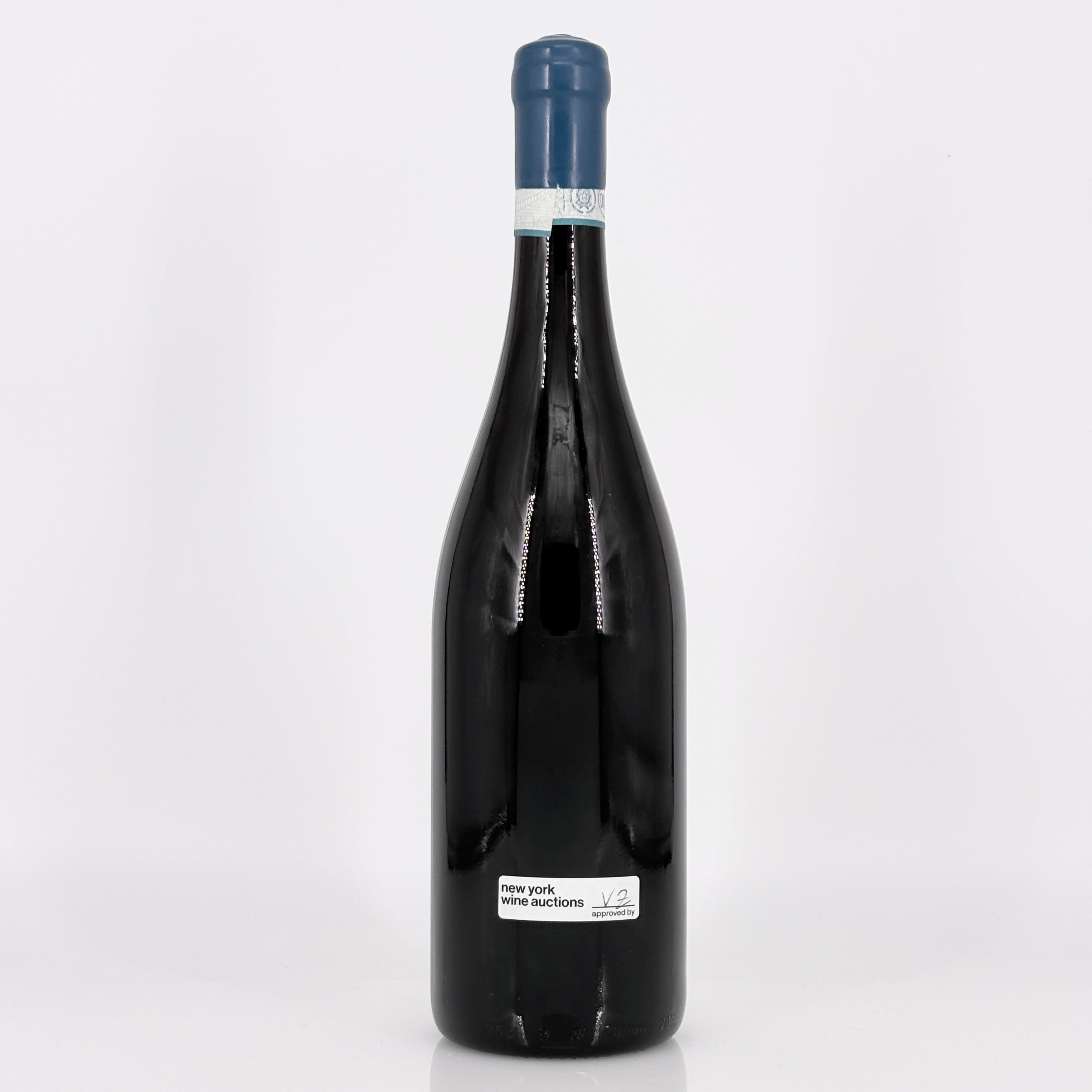 Black wine bottle with a visible label on a white background