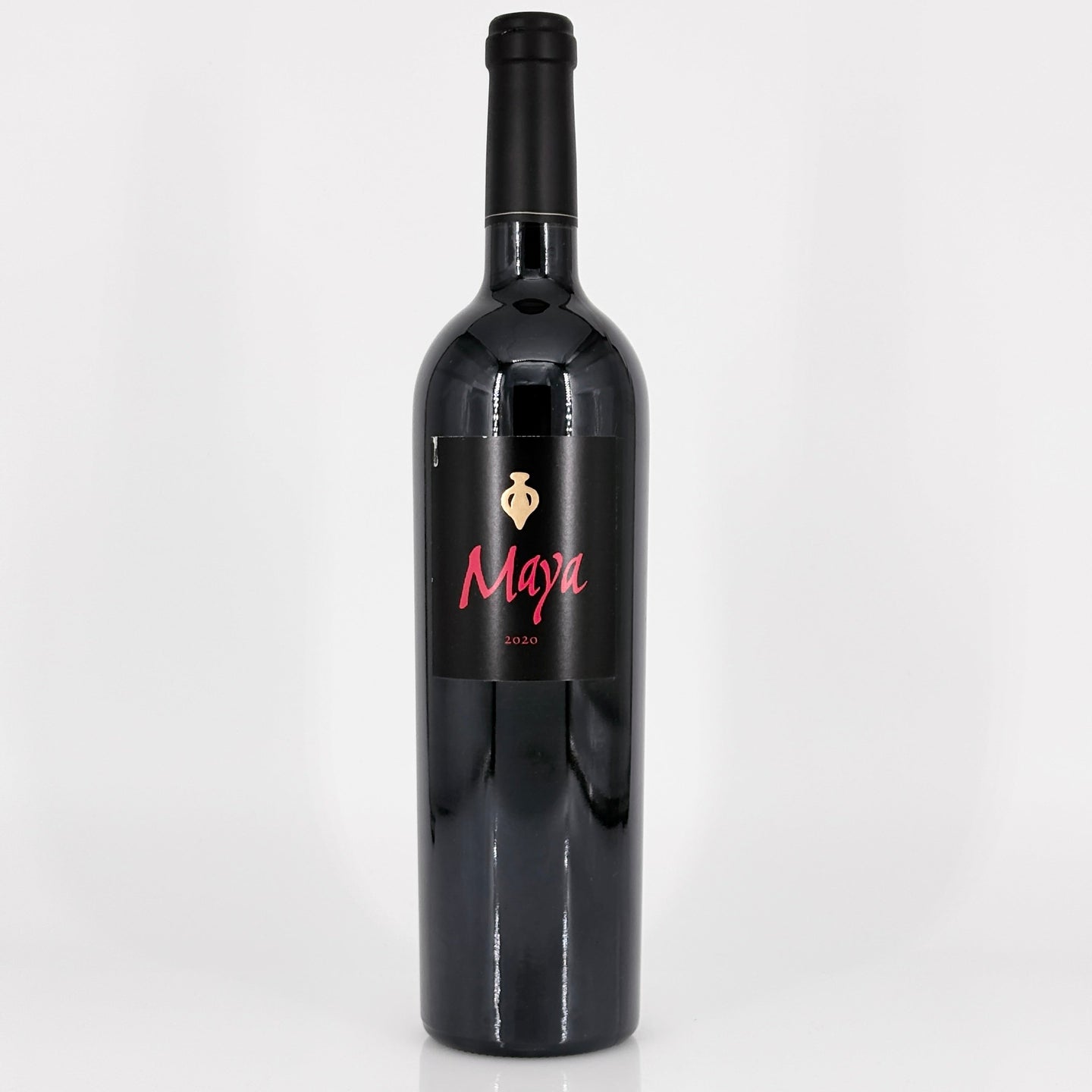Black wine bottle with 'Maya' label on a white background
