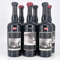Set of six black bottles with labels on a white background