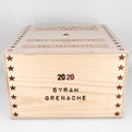Wooden wine box with engraved text on a white background