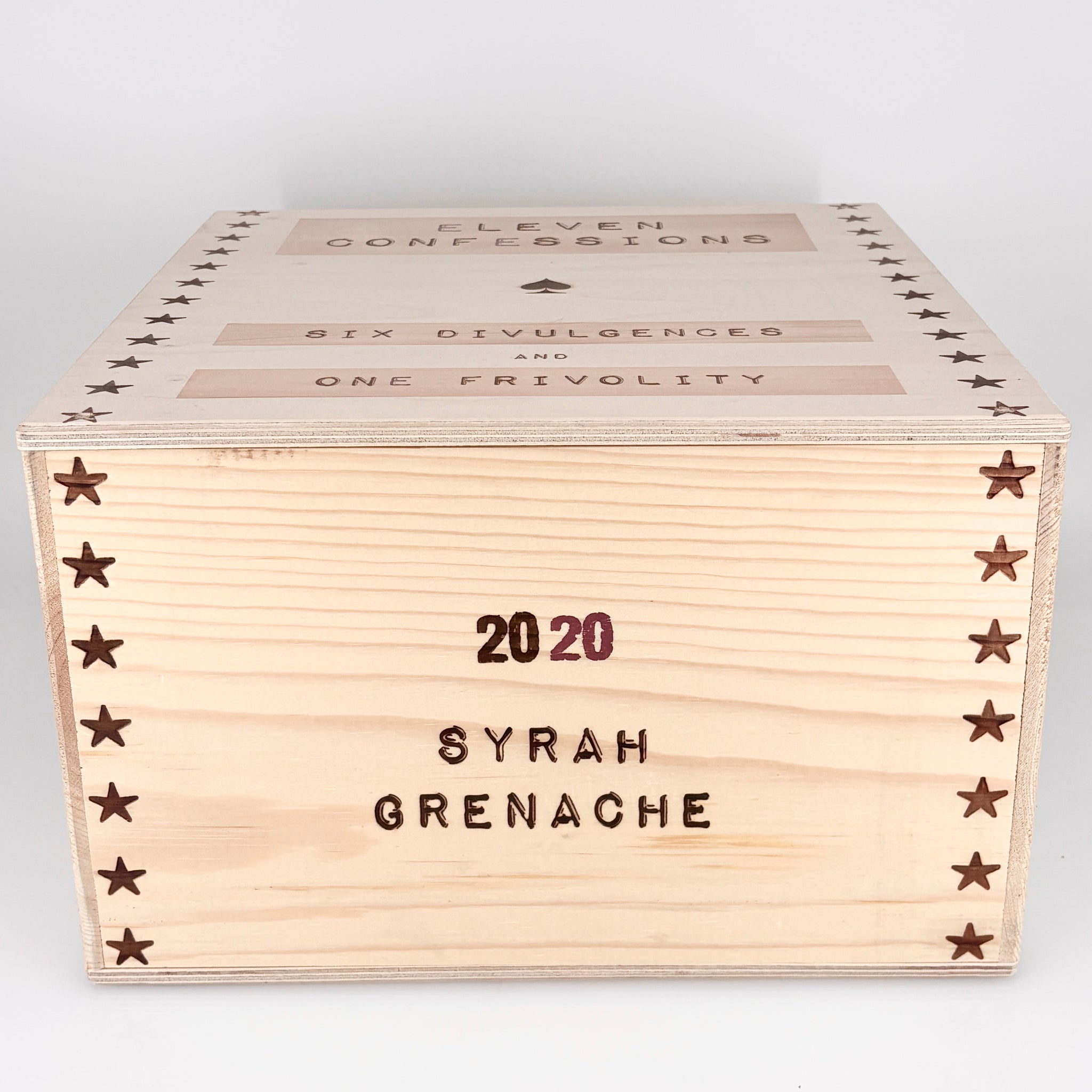 Wooden wine box with engraved text on a white background
