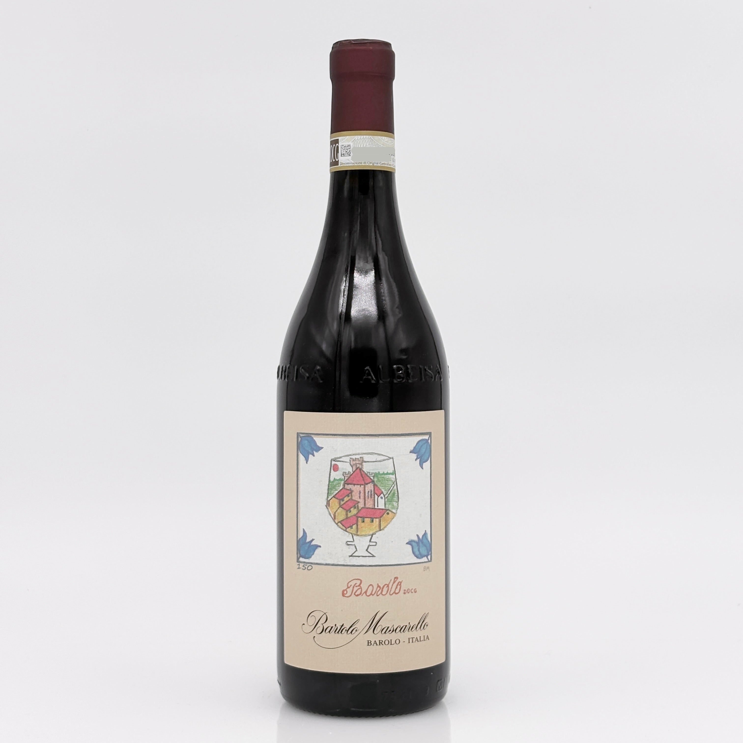 Wine bottle with a decorative label on a white background