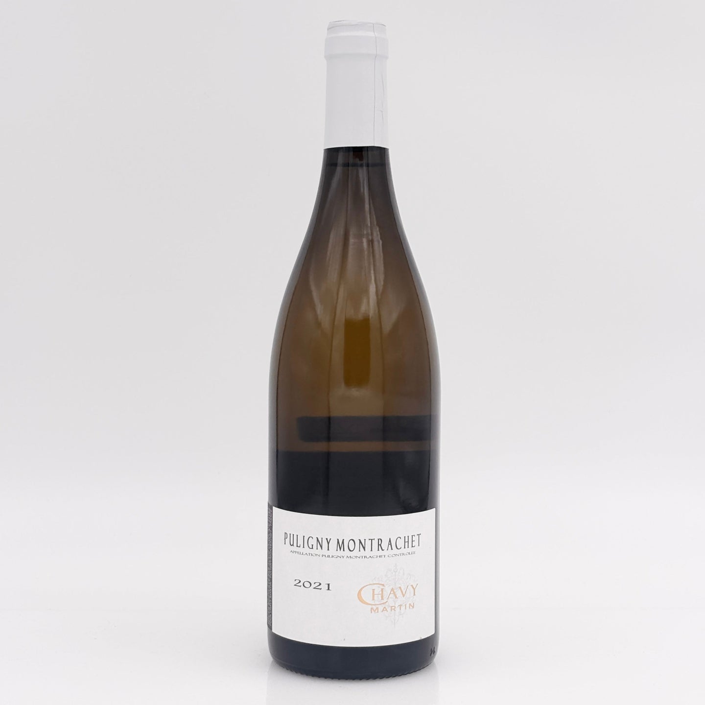 Wine bottle of Puligny-Montrachet 2021 on a white background
