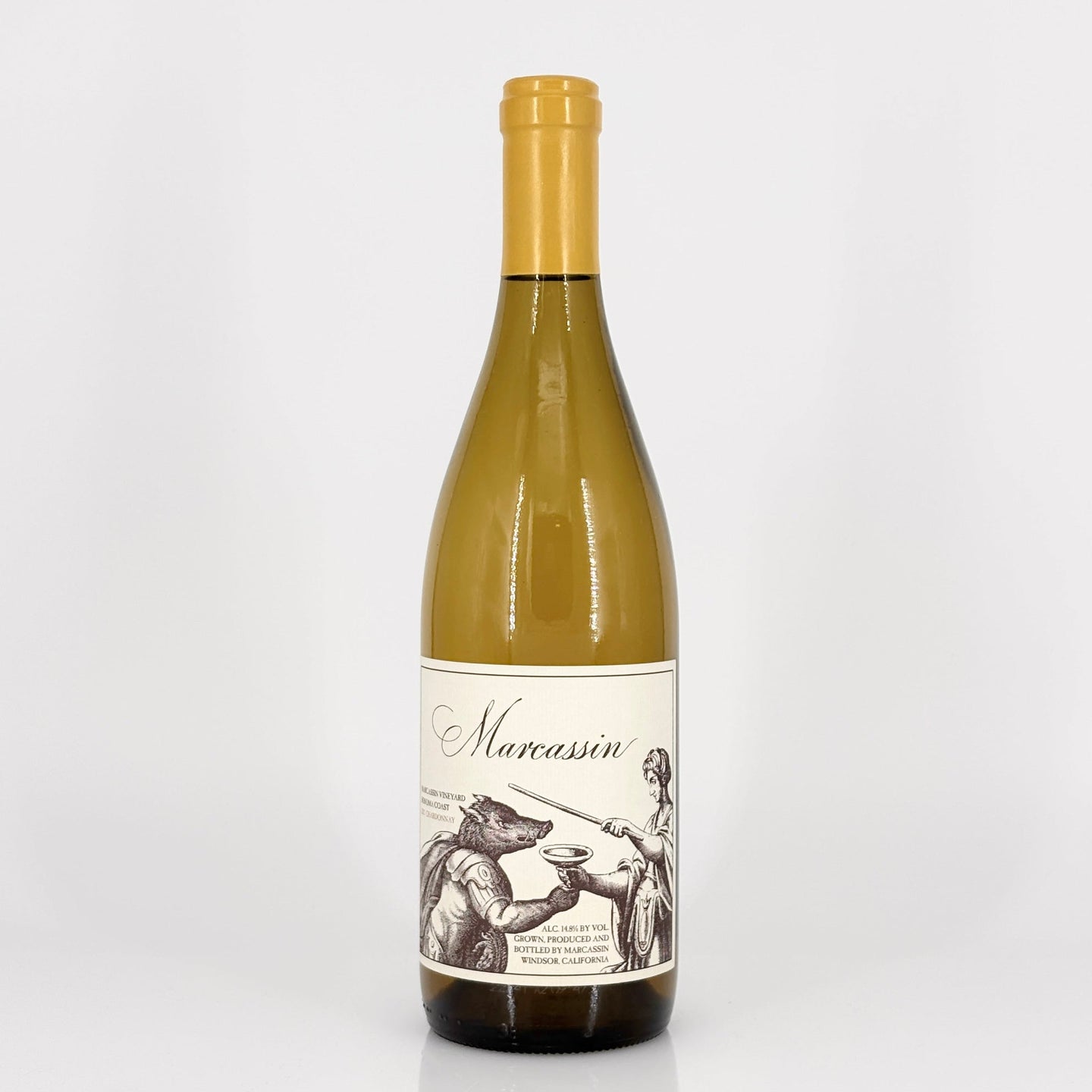 Wine bottle with a decorative label on a white background