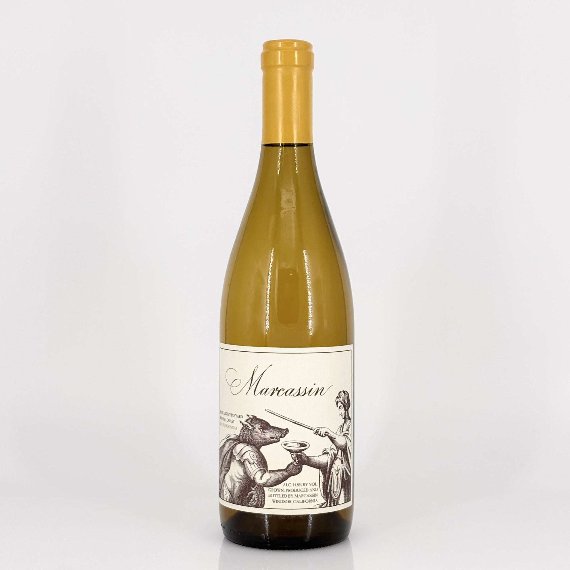 Wine bottle with a decorative label on a white background