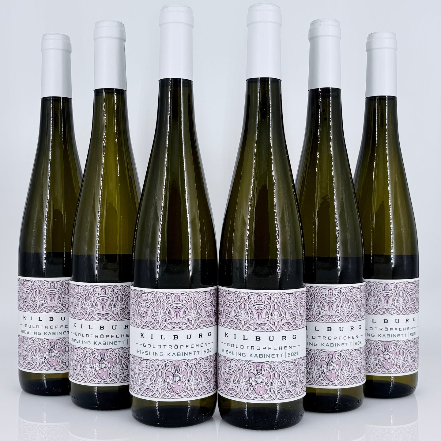 Six bottles of Kilburg wine on a white background