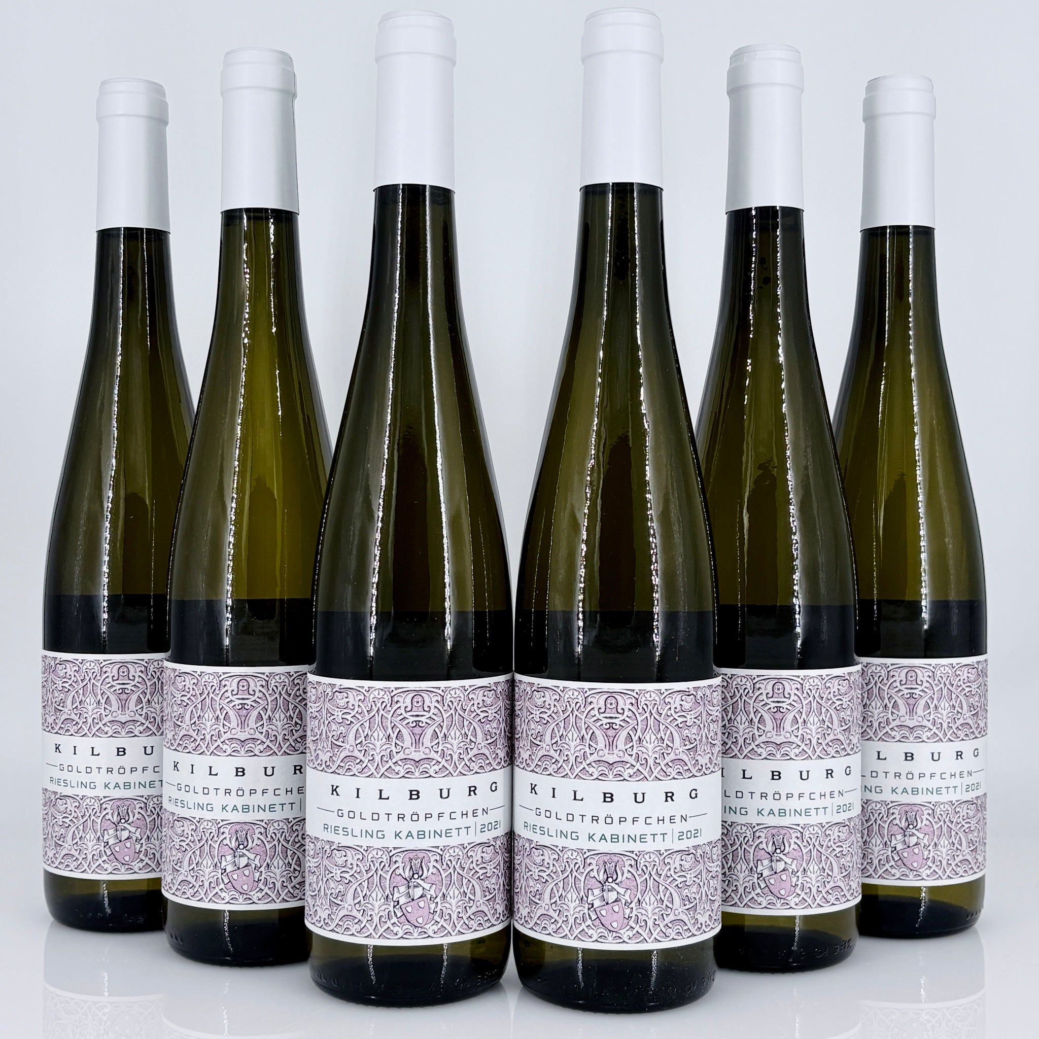 Six bottles of Kilburg wine on a white background