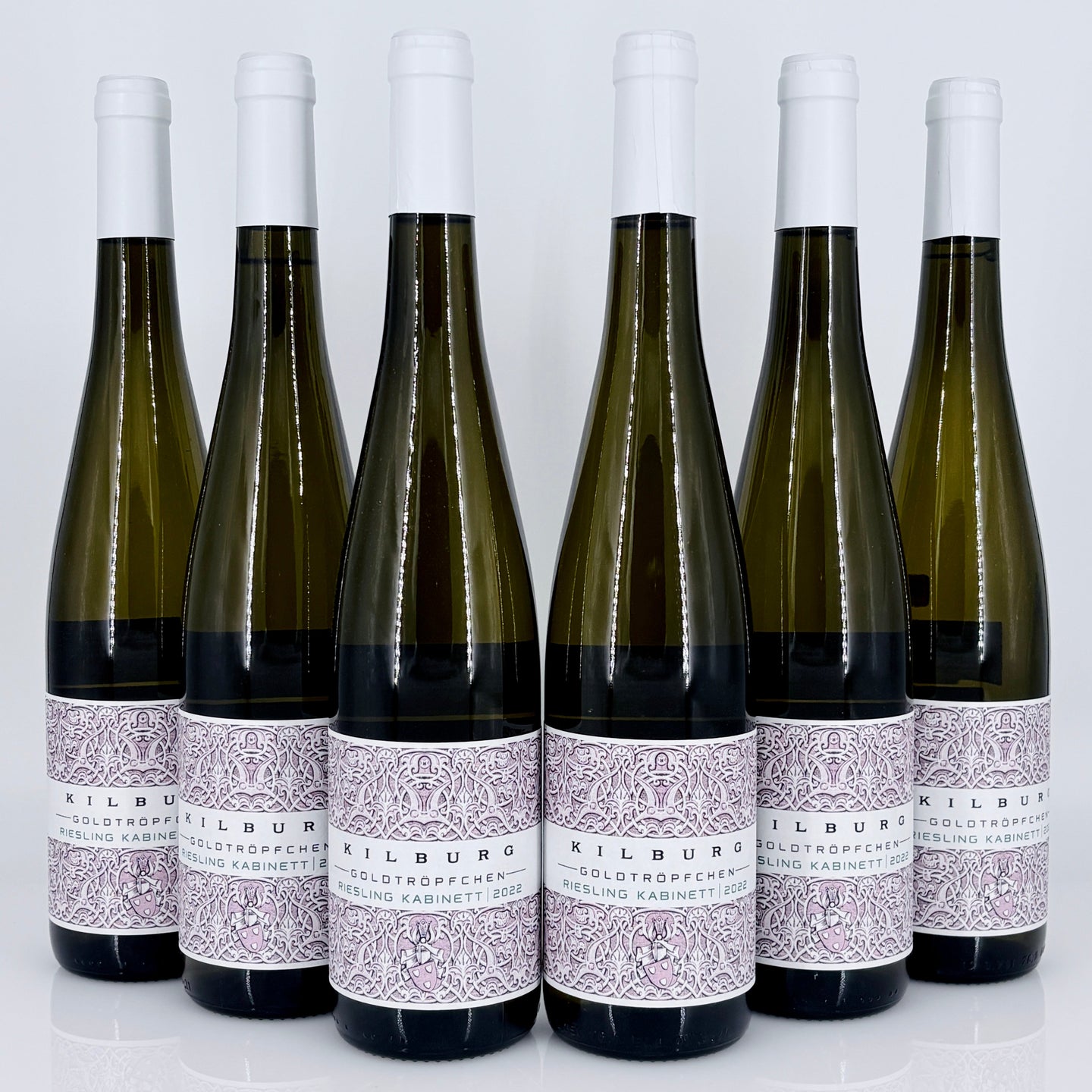 Six bottles of Kilburg Riesling Kabinett wine on a white background