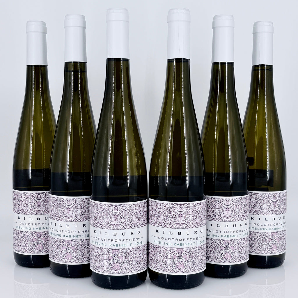 Six bottles of Kilburg Riesling Kabinett wine on a white background