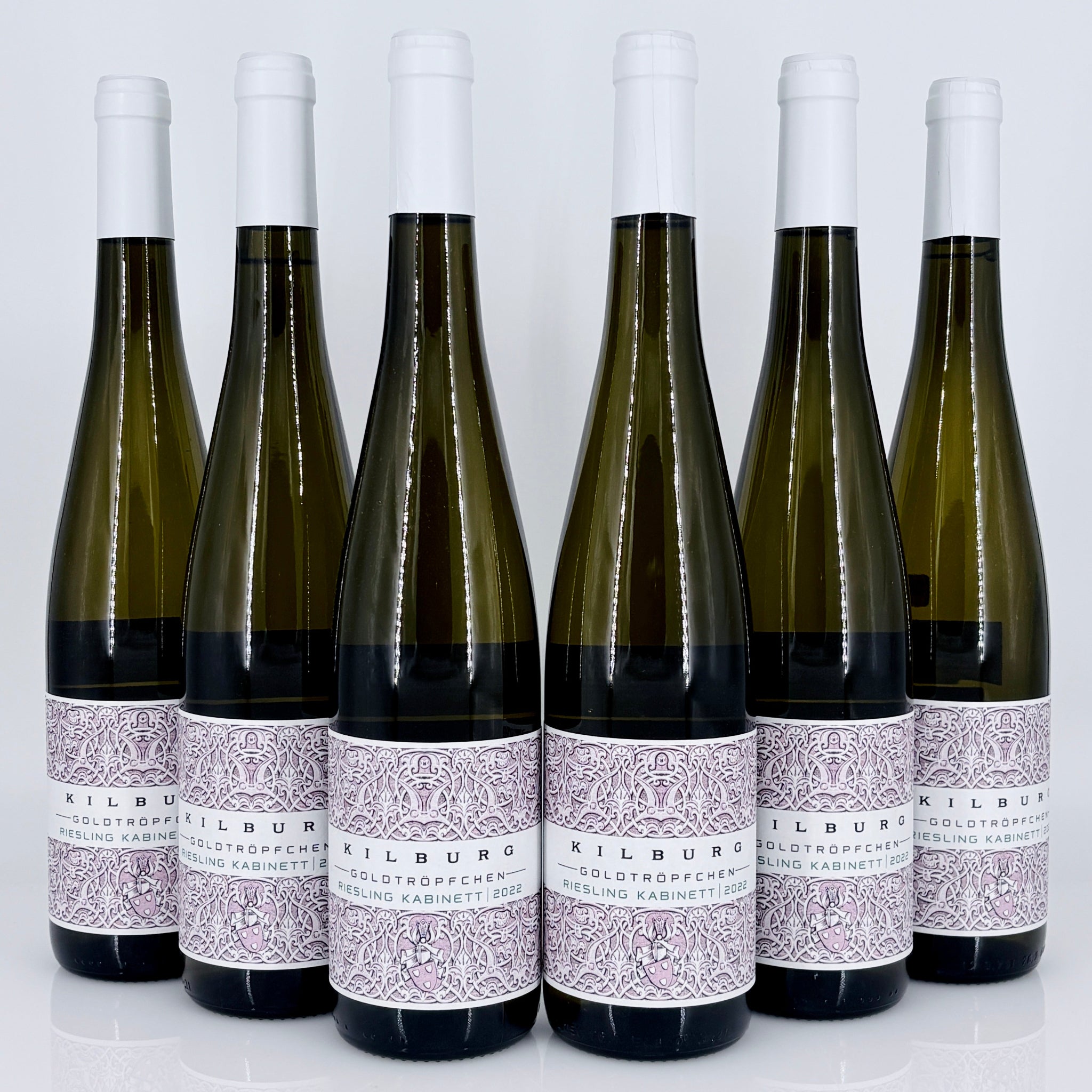 Six bottles of Kilburg Riesling Kabinett wine on a white background