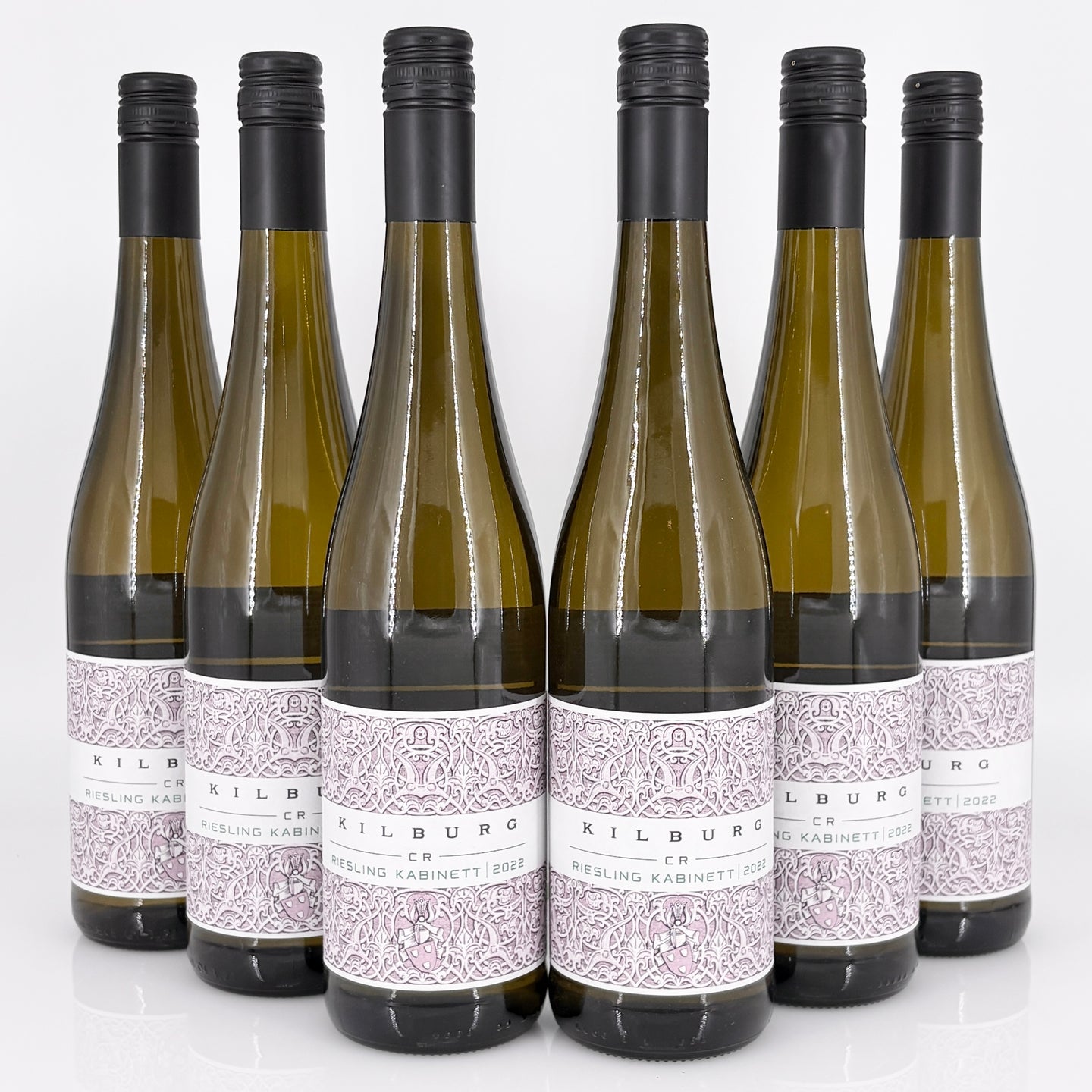 Six bottles of Kilburg Riesling Kabinett 2019 wine on a white background