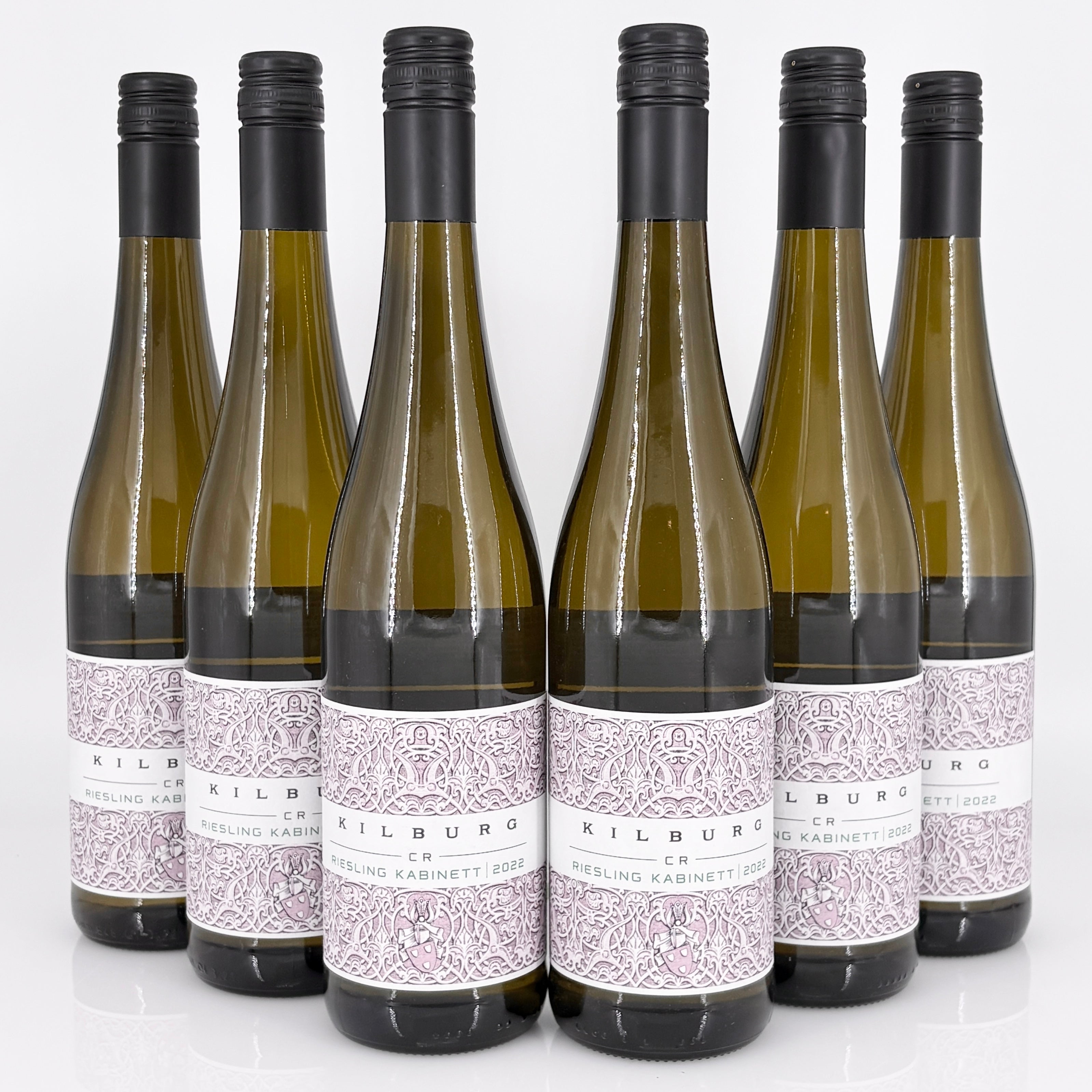 Six bottles of Kilburg Riesling Kabinett 2019 wine on a white background
