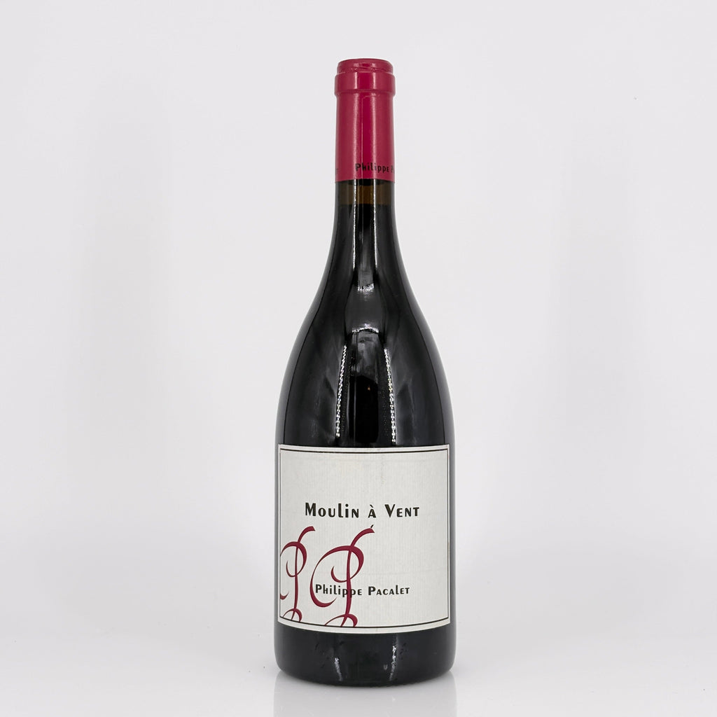 Red wine bottle with 'Moulin à Vent' label on a white background