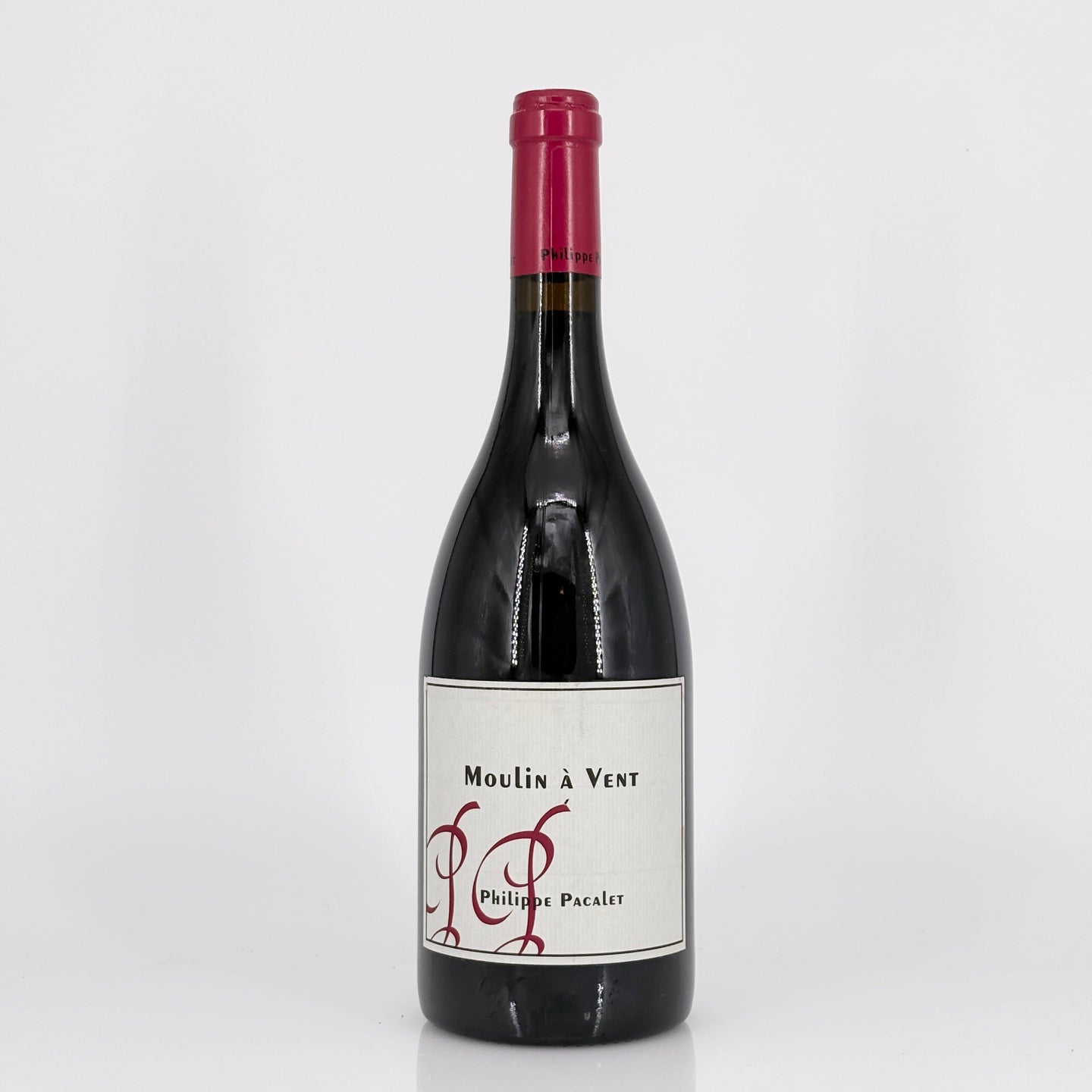 Red wine bottle with 'Moulin à Vent' label on a white background