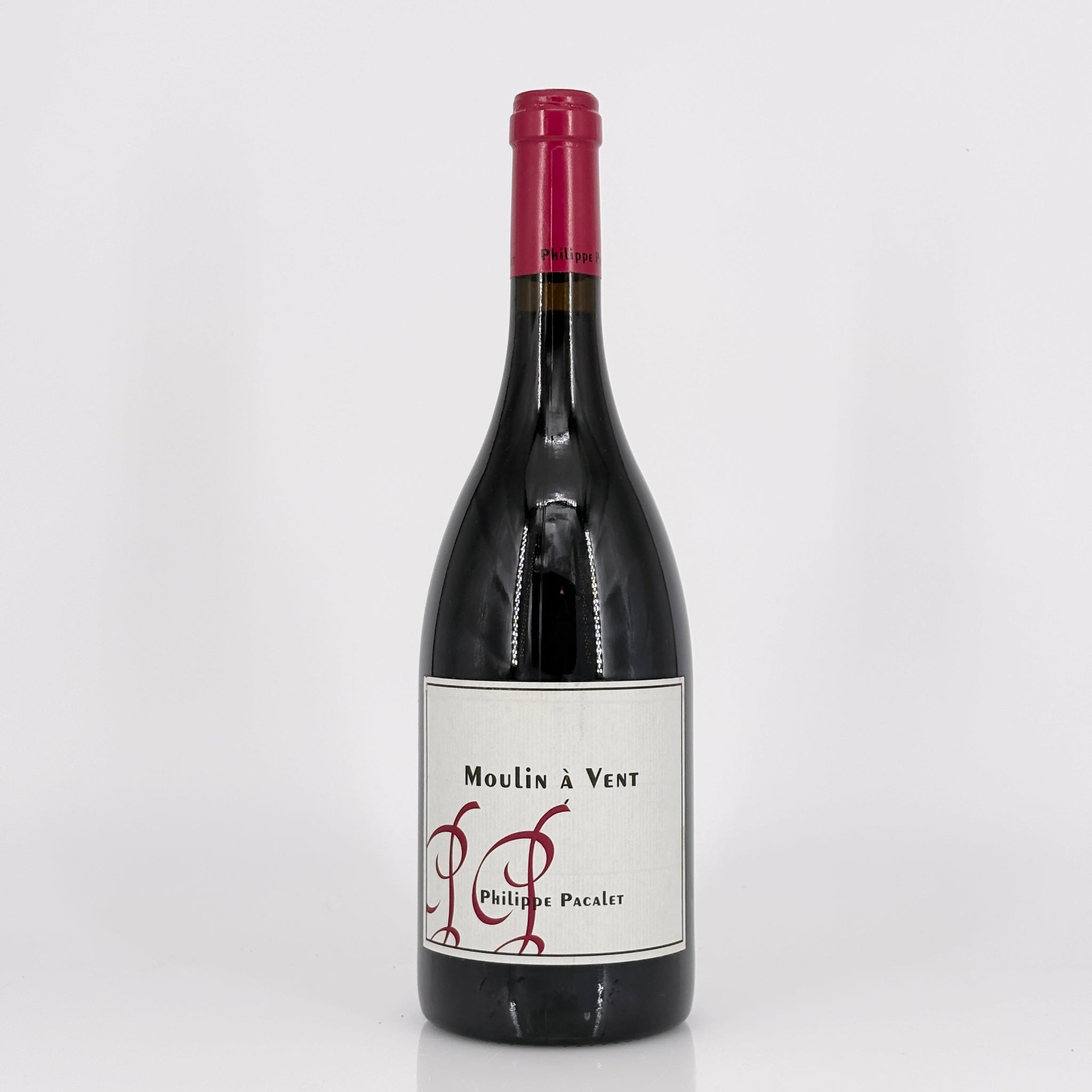 Red wine bottle with 'Moulin à Vent' label on a white background