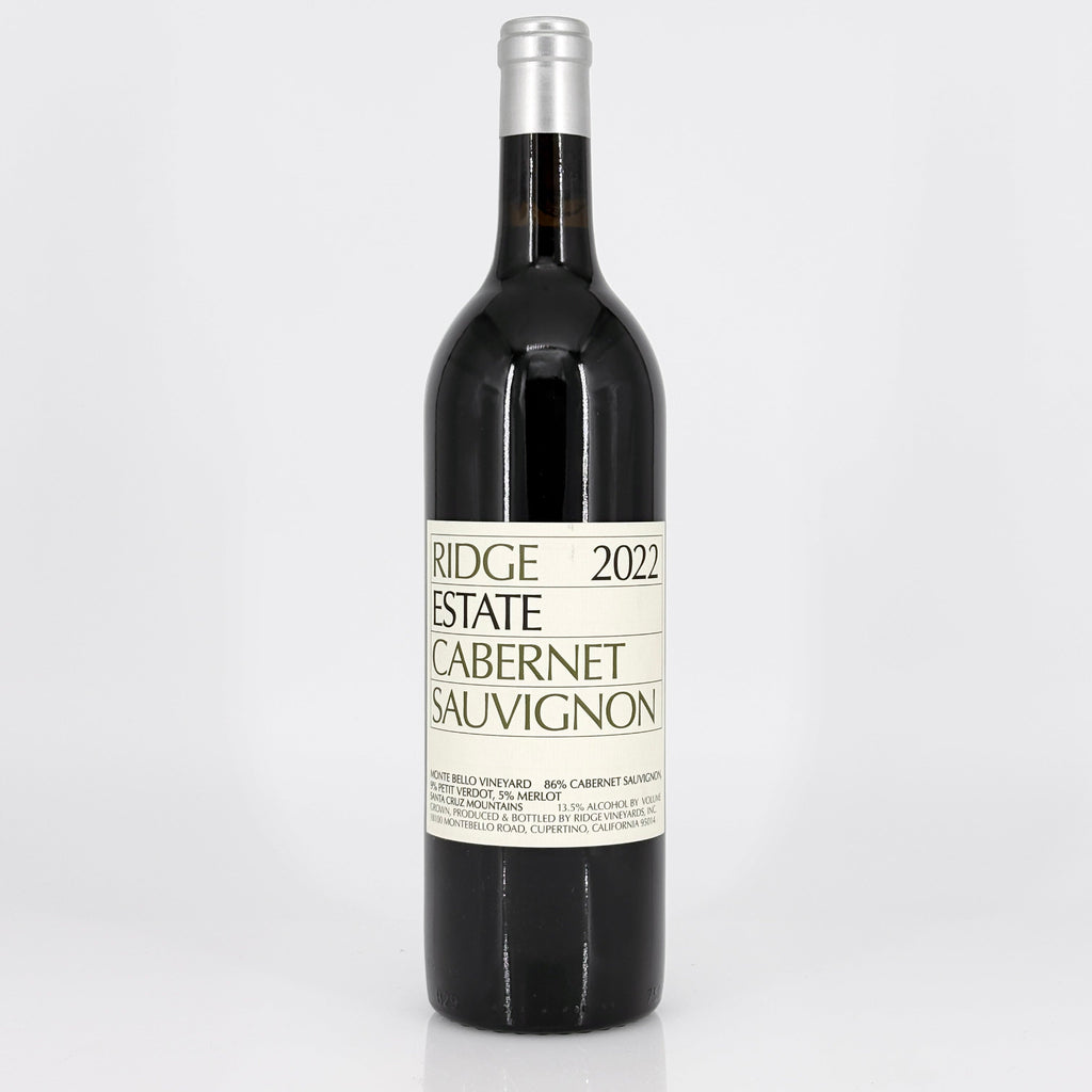 Bottle of Ridge Estate 2022 Cabernet Sauvignon wine on a white background