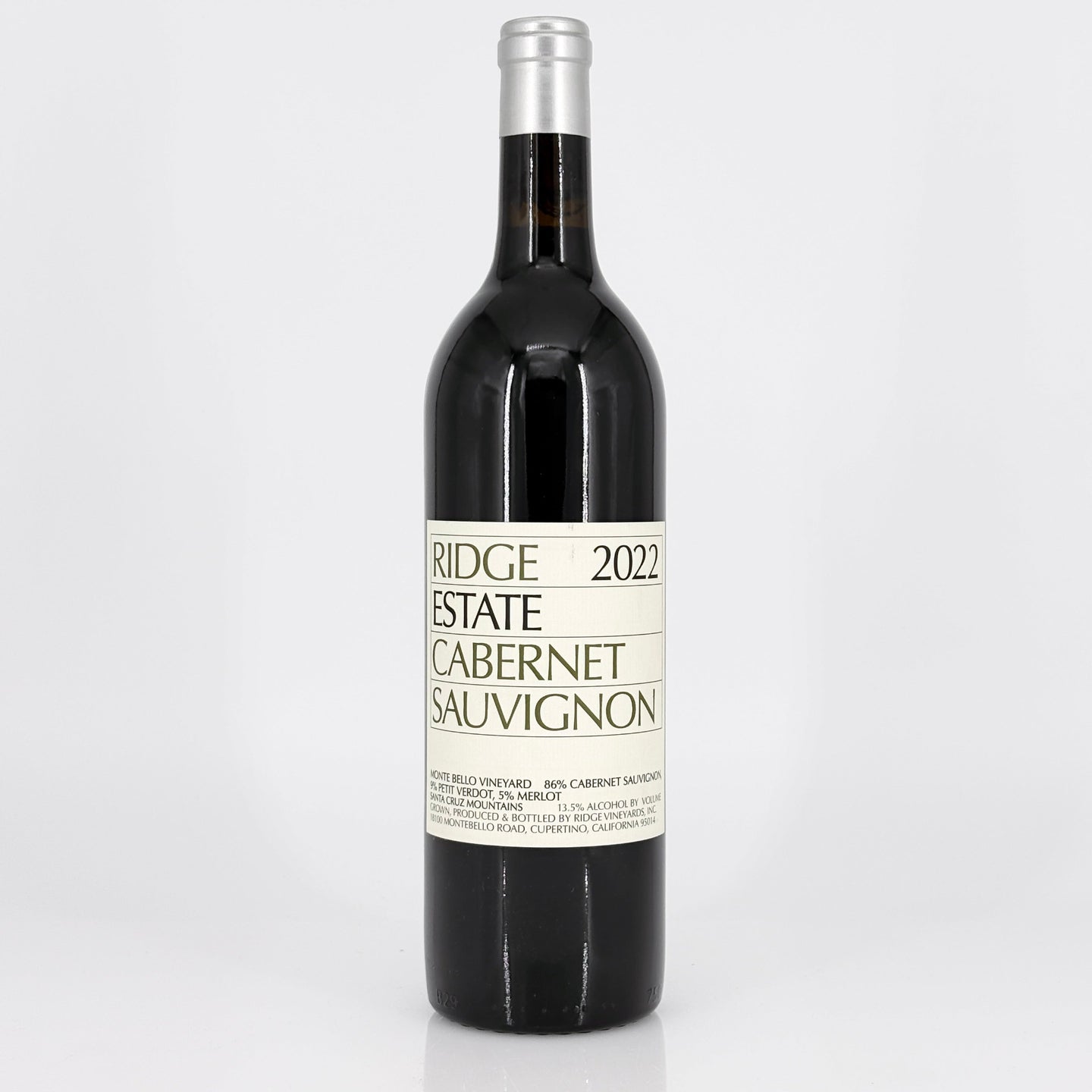 Bottle of Ridge Estate 2022 Cabernet Sauvignon wine on a white background