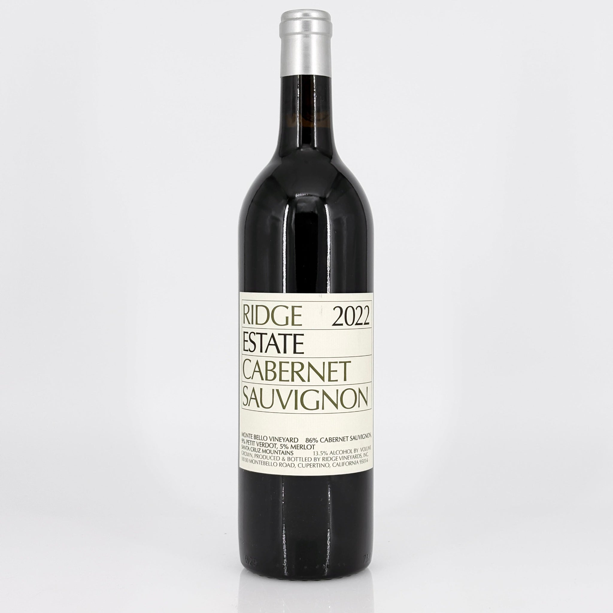 Bottle of Ridge Estate 2022 Cabernet Sauvignon wine on a white background