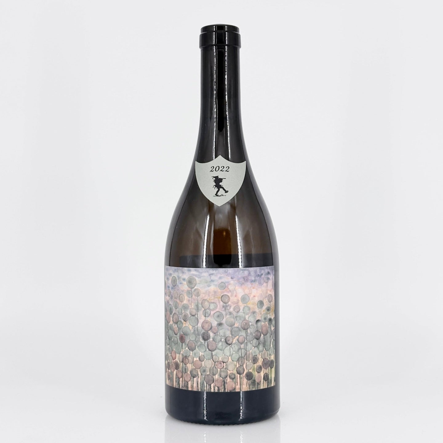 Wine bottle with a decorative label on a white background