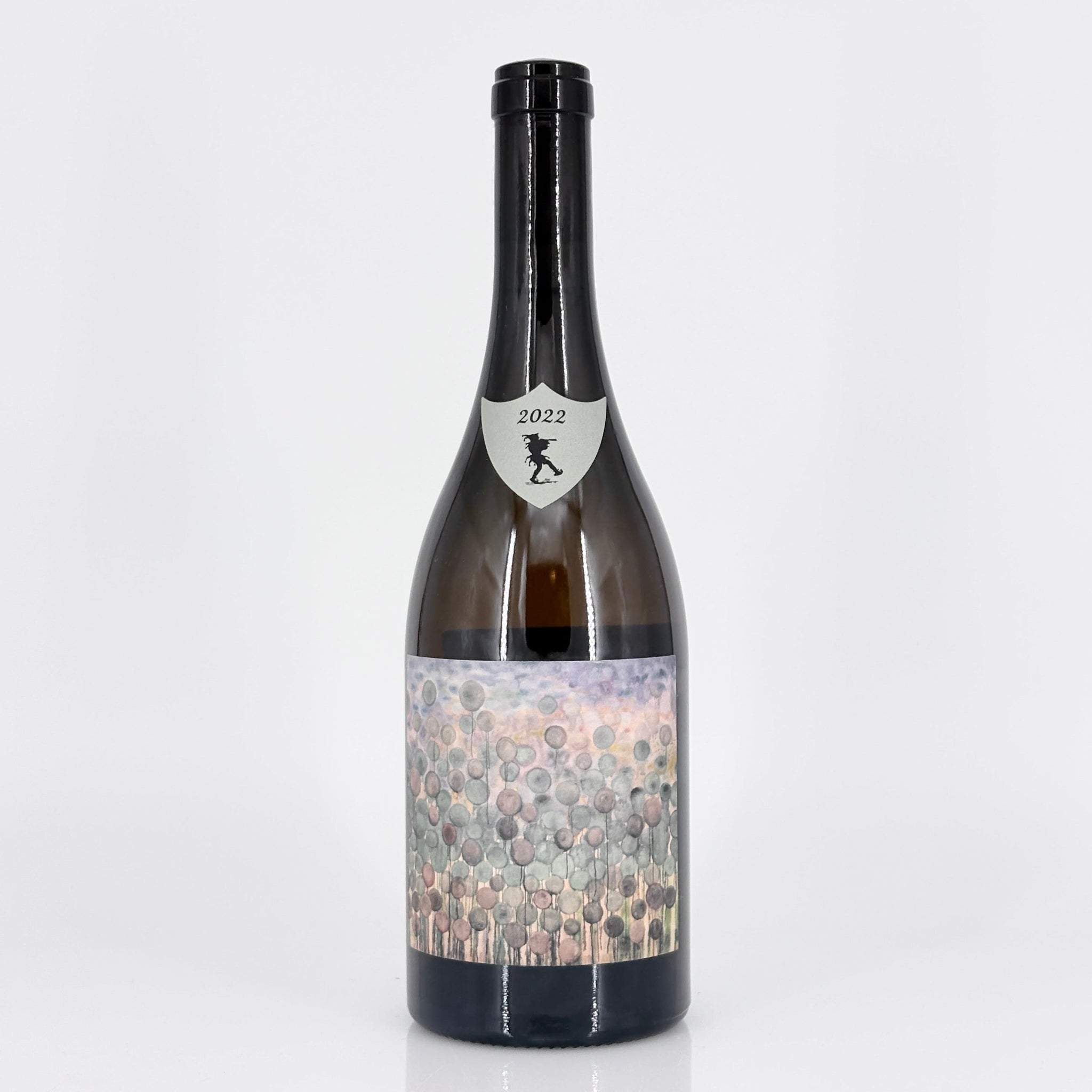 Wine bottle with a decorative label on a white background
