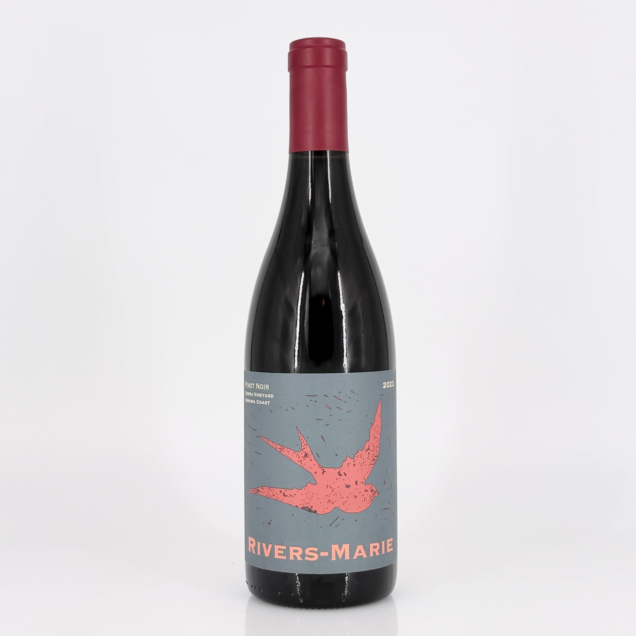 Wine bottle with 'Rivers-Marie' label on a white background